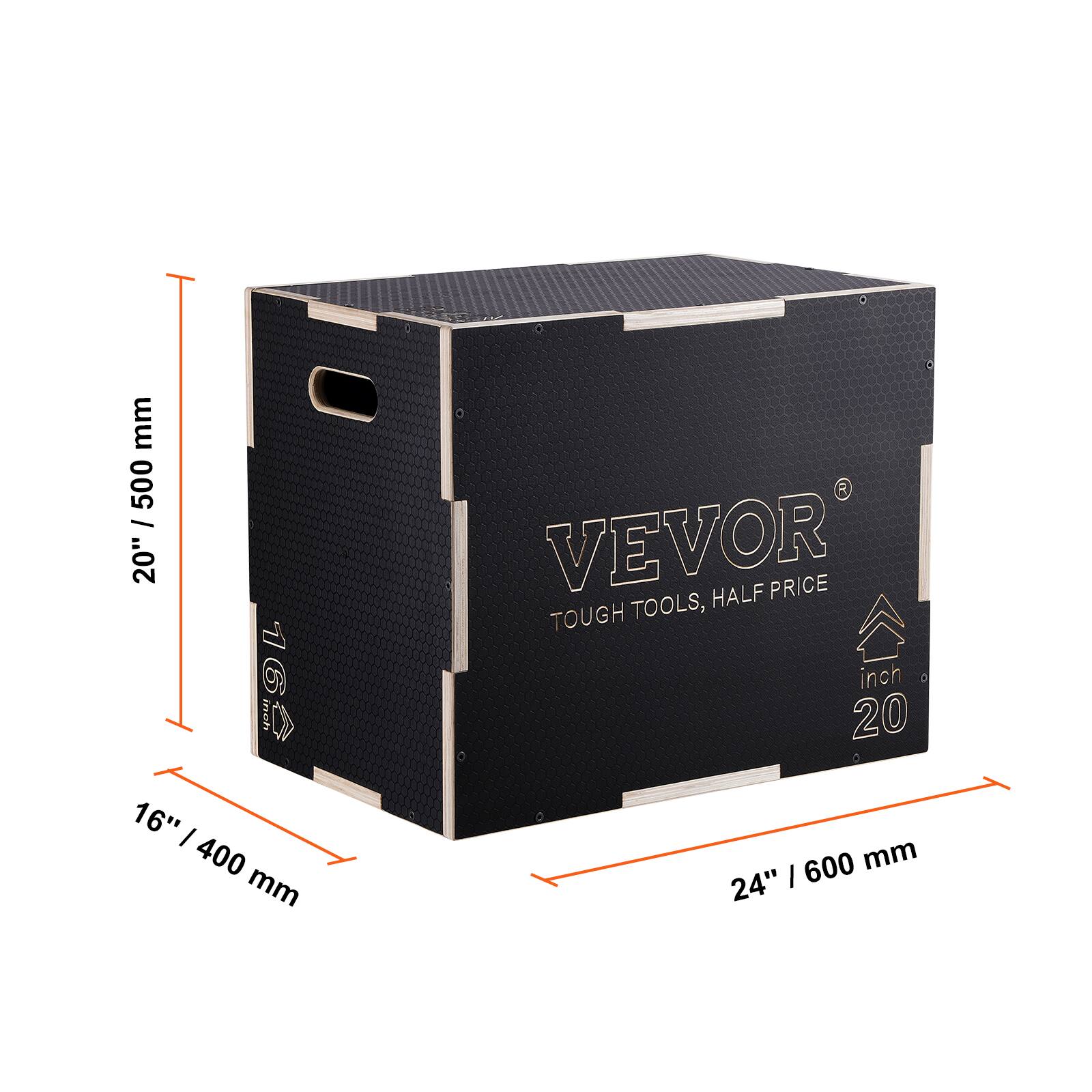 The dimensions of the box are:

- Height: 20 inches (500 mm)
- Width: 16 inches (400 mm)
- Depth: 24 inches (600 mm)