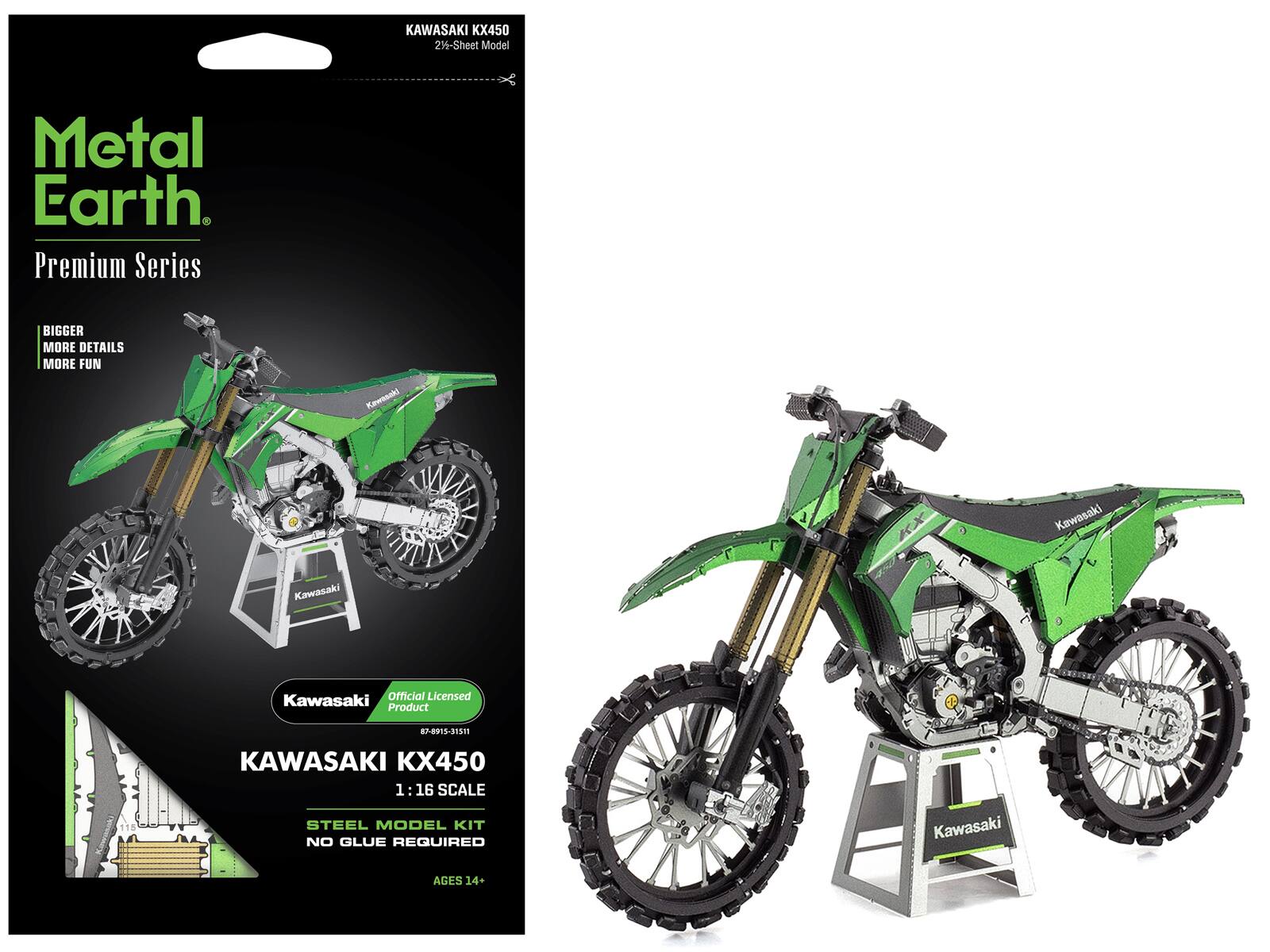 Kawasaki KX450
21-Sheet Model
Metal Earth
Premium Series
Bigger
More Details
More Fun
Kawasaki
Official Licensed Product
87-8915-31511
KAWASAKI KX450
1:16 SCALE
STEEL MODEL KIT
NO GLUE REQUIRED
AGES 14+
