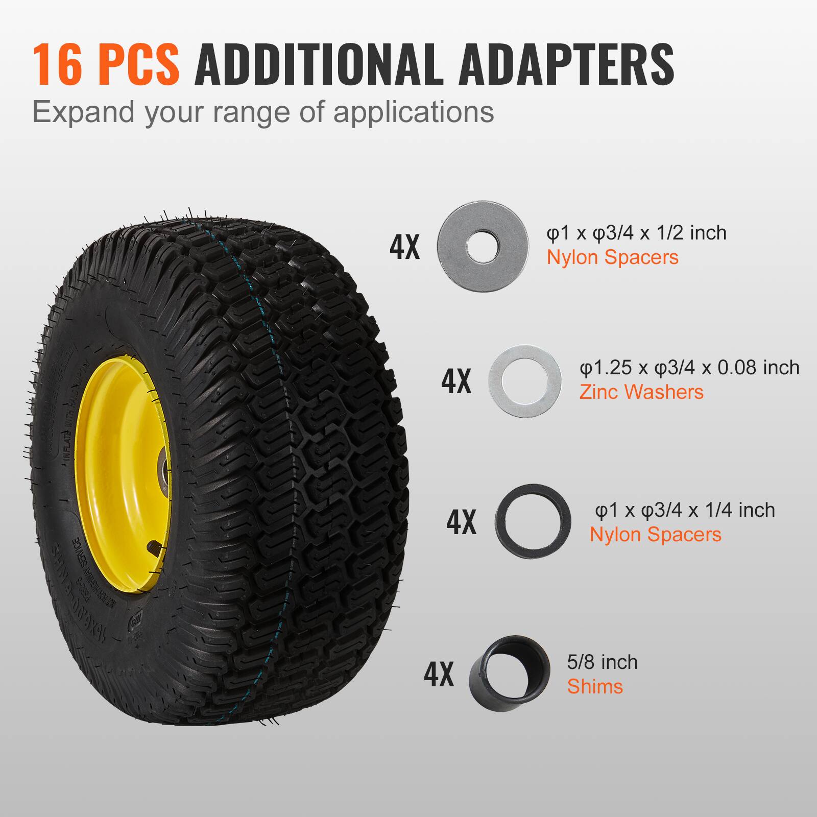16 PCS ADDITIONAL ADAPTERS  
Expand your range of applications  

4X  
φ1 x φ3/4 x 1/2 inch  
Nylon Spacers  

4X  
φ1.25 x φ3/4 x 0.08 inch  
Zinc Washers  

4X  
φ1 x φ3/4 x 1/4 inch  
Nylon Spacers  

4X  
5/8 inch  
Shims