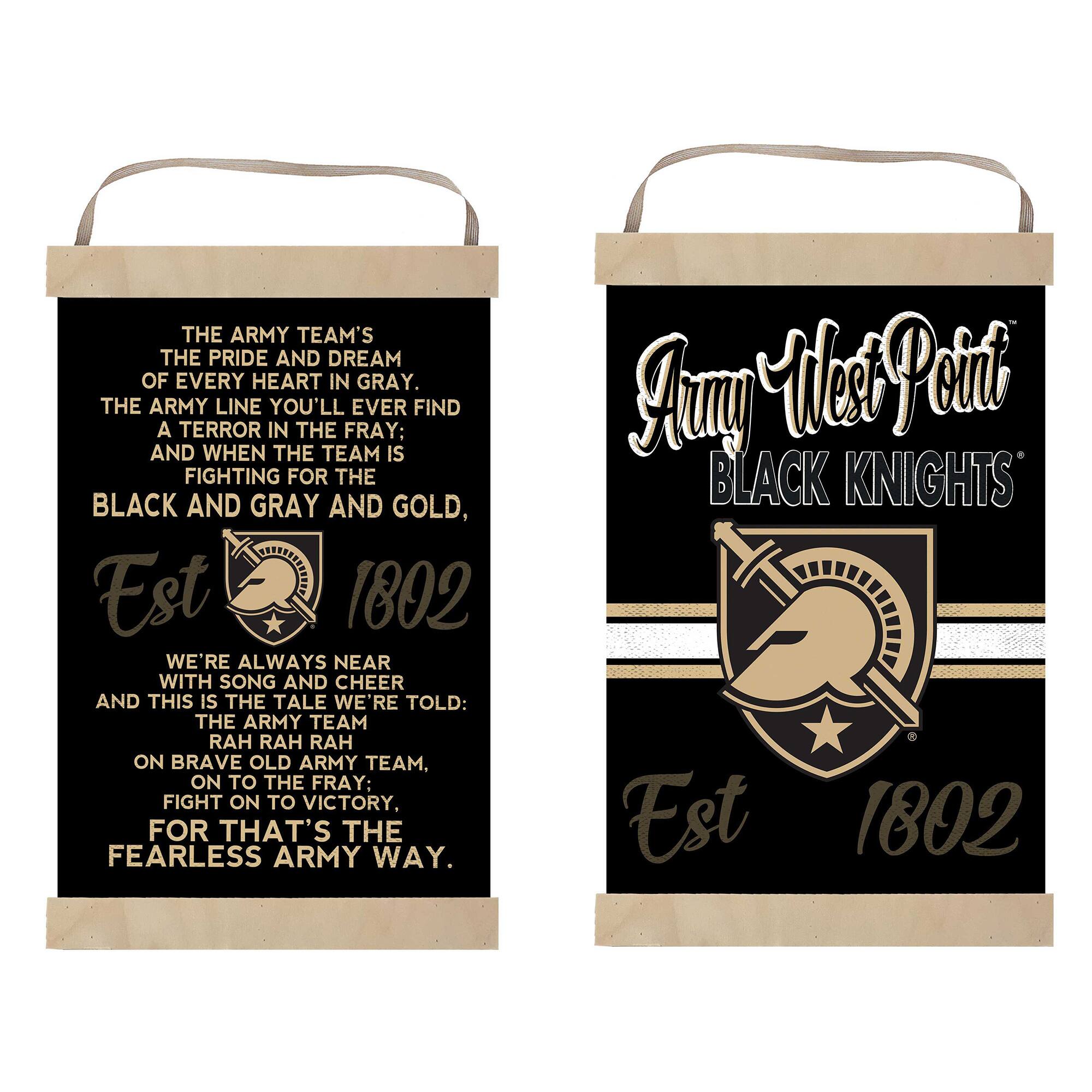 **Left Sign:**

THE ARMY TEAM'S  
THE PRIDE AND DREAM  
OF EVERY HEART IN GRAY.  
THE ARMY LINE YOU'LL EVER FIND  
A TERROR IN THE FRAY;  
AND WHEN THE TEAM IS  
FIGHTING FOR THE  
BLACK AND GRAY AND GOLD,  
Est 1802  

WE'RE ALWAYS NEAR  
WITH SONG AND CHEER  
AND THIS IS THE TALE WE'RE TOLD:  
THE ARMY TEAM  
RAH RAH RAH  
ON BRAVE OLD ARMY TEAM,  
ON TO THE FRAY;  
FIGHT ON TO VICTORY.  
FOR THAT'S THE  
FEARLESS ARMY WAY.  

**Right Sign:**

Army West Point  
BLACK KNIGHTS  
Est 1802