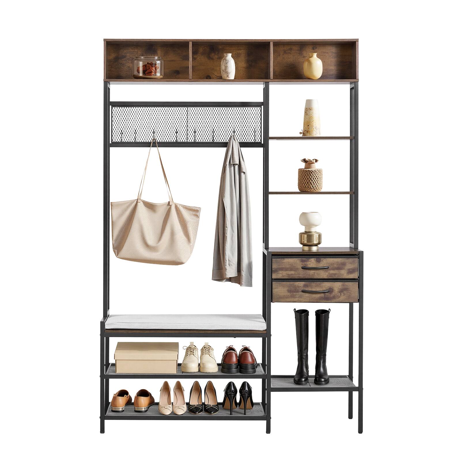 Alt View 5. VEVOR - Hall Tree, 70.9 in Coat Rack with Shoe Bench & 2 Drawers, 3-in-1 Freestanding Shoe Rack Storage Organizer with Bookshelf - Brown.