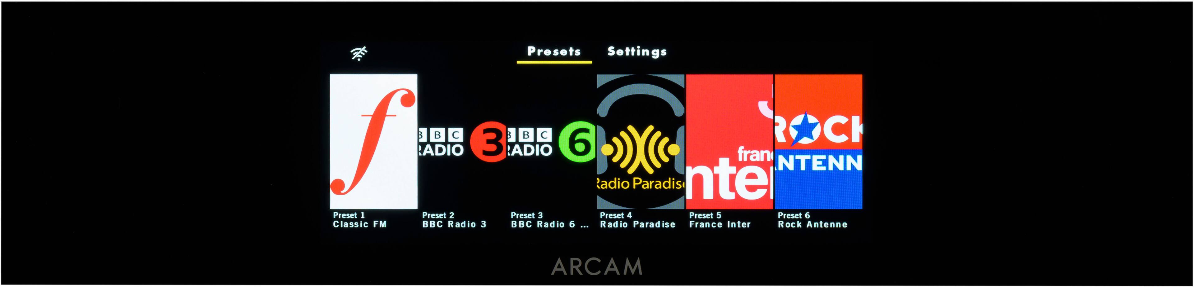 Presets Settings f $  C 3   C 6 R C ADIO ADIO fran NTENN tadio Paradis nte Preset I Preset 2 Preset 3 Preset 4 Preset 5 Preset 6 Classic FM BBC Radio 3 BBC Radio 6 E Radio Paradise France Inter Rock Antenne ARCAM