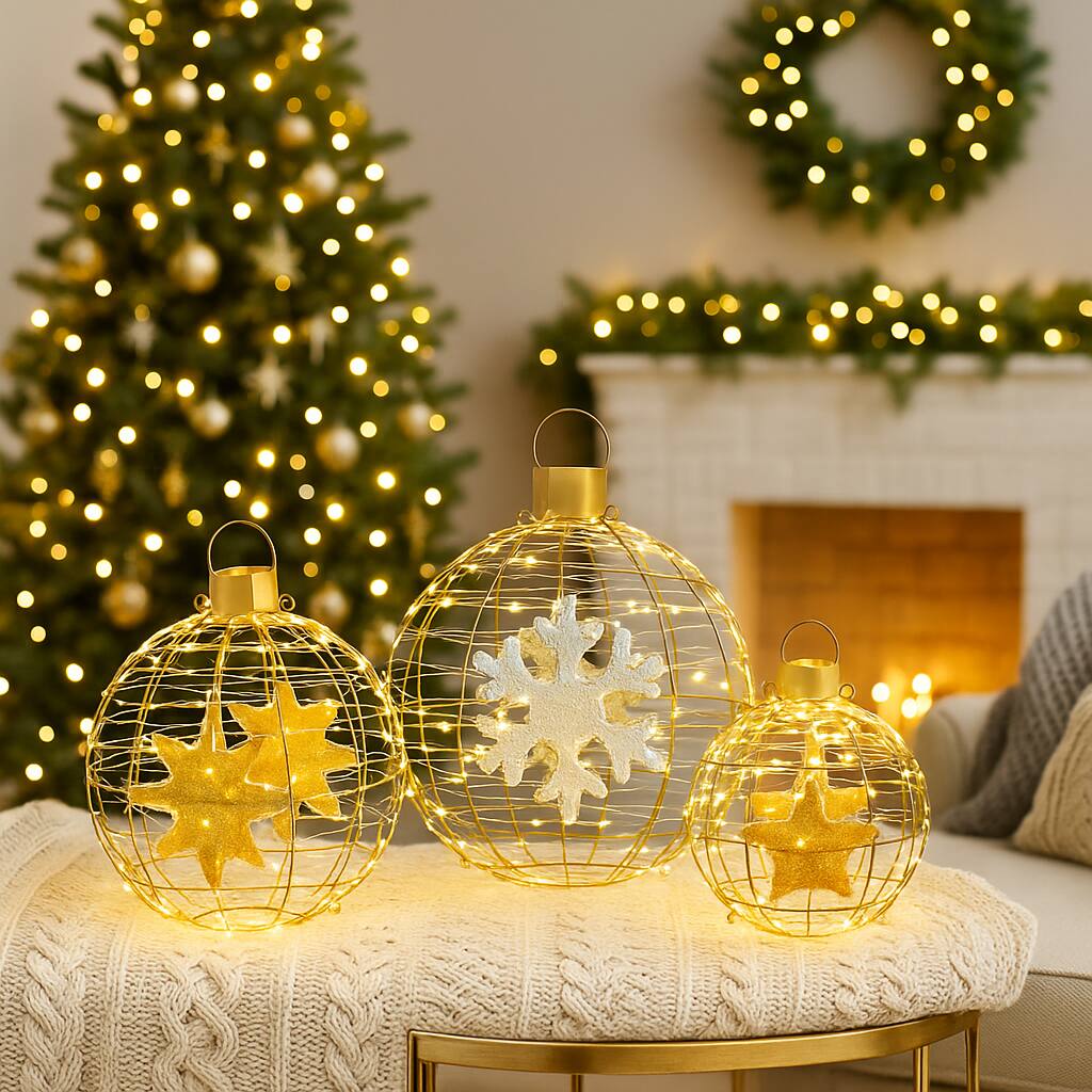Angle. BreeBe - Christmas Lighted Ball Lantern Set of 3 with 732 LEDs Included - Golden.