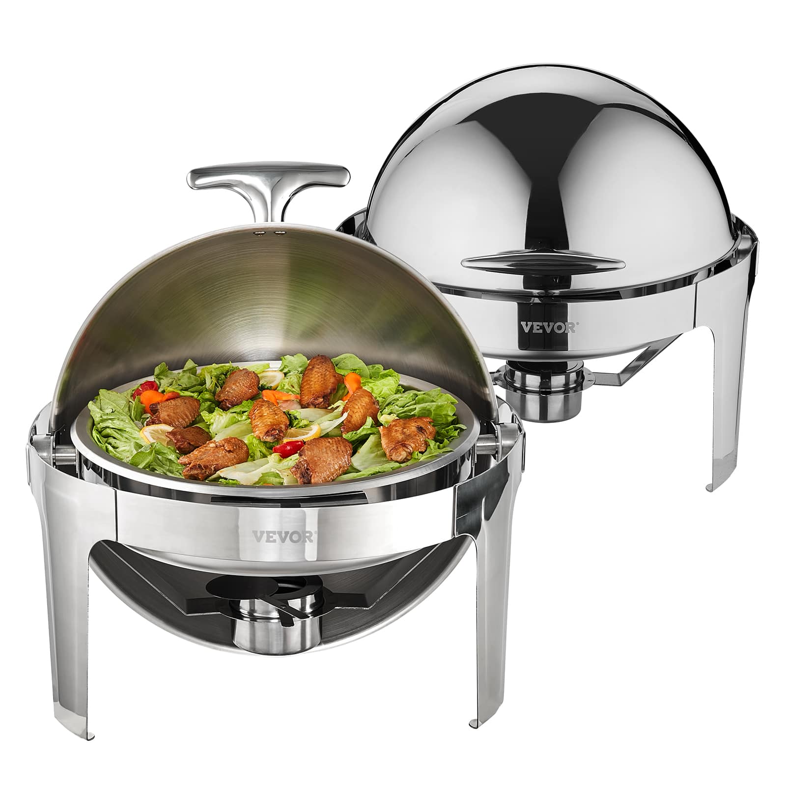 VEVOR - Roll Top Chafing Dish Buffet Set, 6 Qt 2 Pack, Stainless Steel Chafer with 2 Full Size Pans,Round Catering Warmer Server - Silver