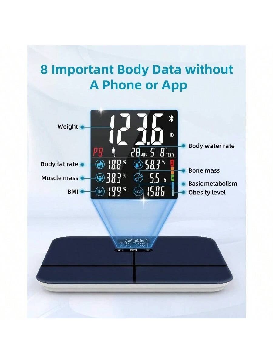 8 Important Body Data without A Phone or App

Weight: 123.6 lb  
Body fat rate: 18.8%  
Muscle mass: 38.3%  
BMI: 19.9%  
Body water rate: 58.3%  
Bone mass: 5.5 lb  
Basic metabolism: 1506 kcal  
Obesity level: 1236  
Age: 5' 8" ft.in