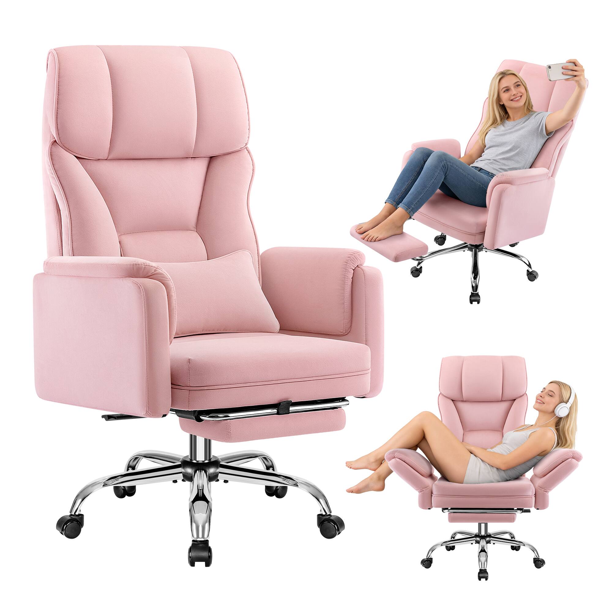 Angle. Brick Attic - 500LBS Ergonomic Velvet Office Chair with Footrest,Wide Cross Legged Executive Chair with Flip-Up Arms, 120°Tilt - Pink.
