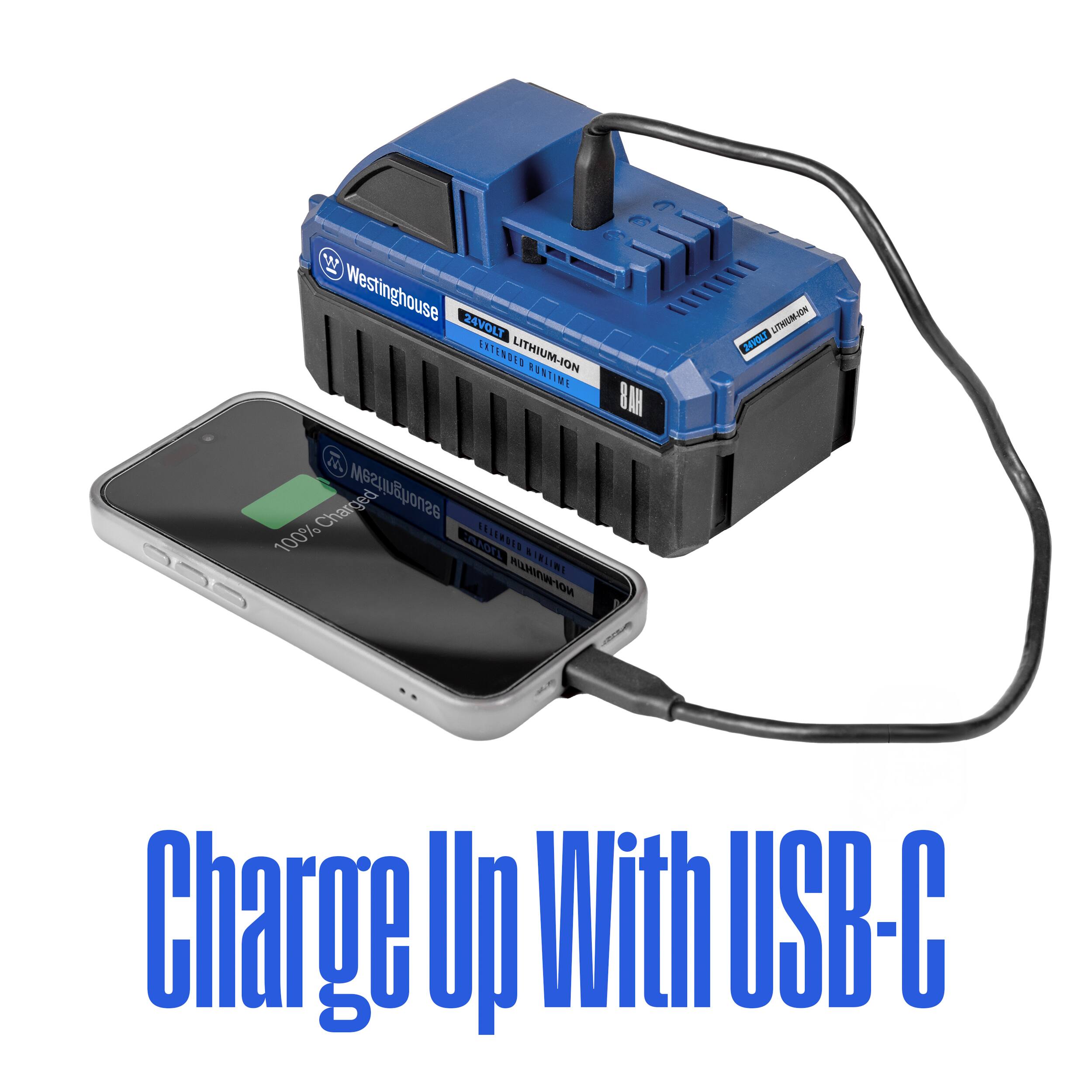 Westinghouse 24VOLT LITHIUM-ION EXTENDED RUNTIME 8AH  
Charged Westinghouse 100%  
PALAS EZERBED SIERI  
HINIOM  
Charge Up With USB-C