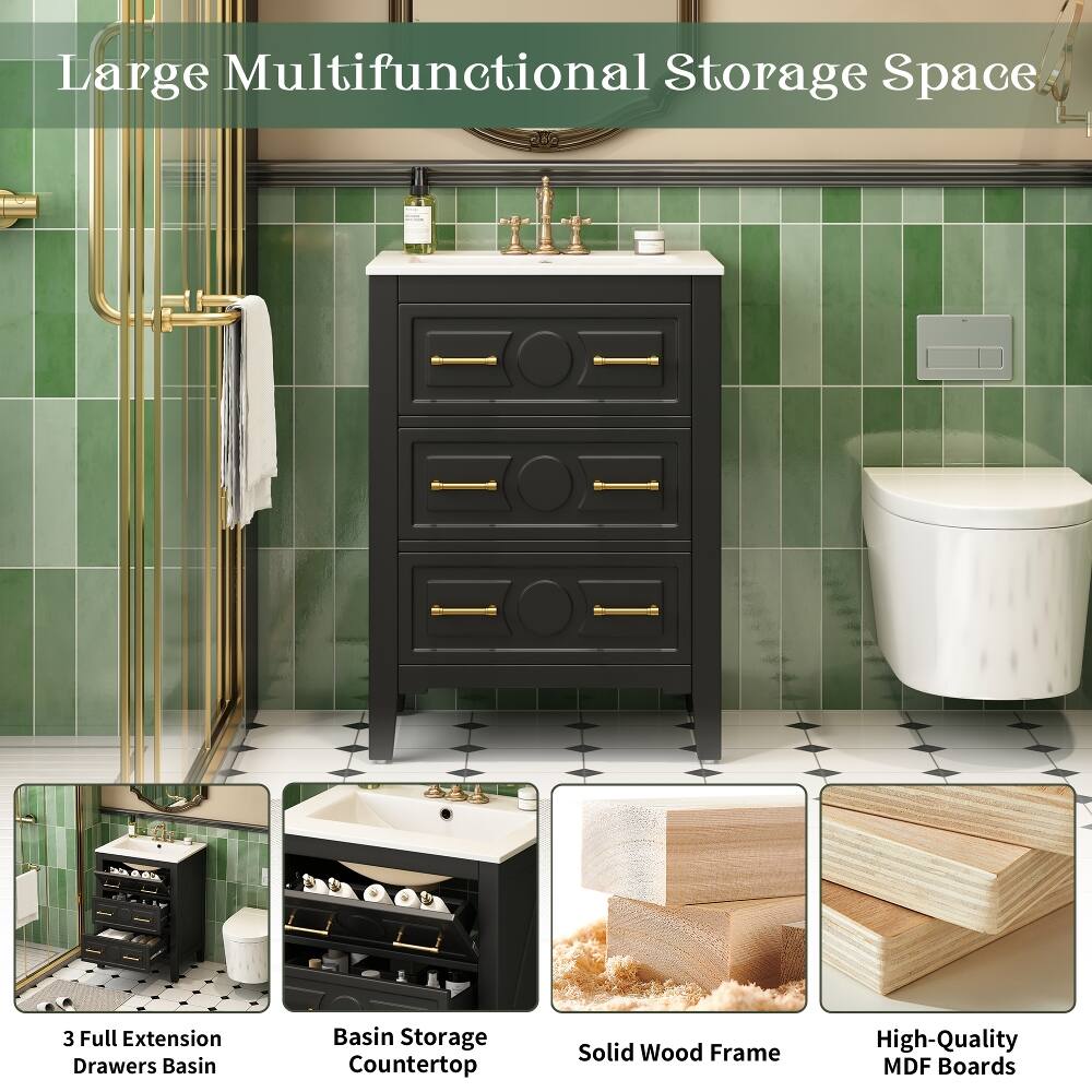 Large Multifunctional Storage Space

3 Full Extension Drawers Basin

Basin Storage Countertop

Solid Wood Frame

High-Quality MDF Boards