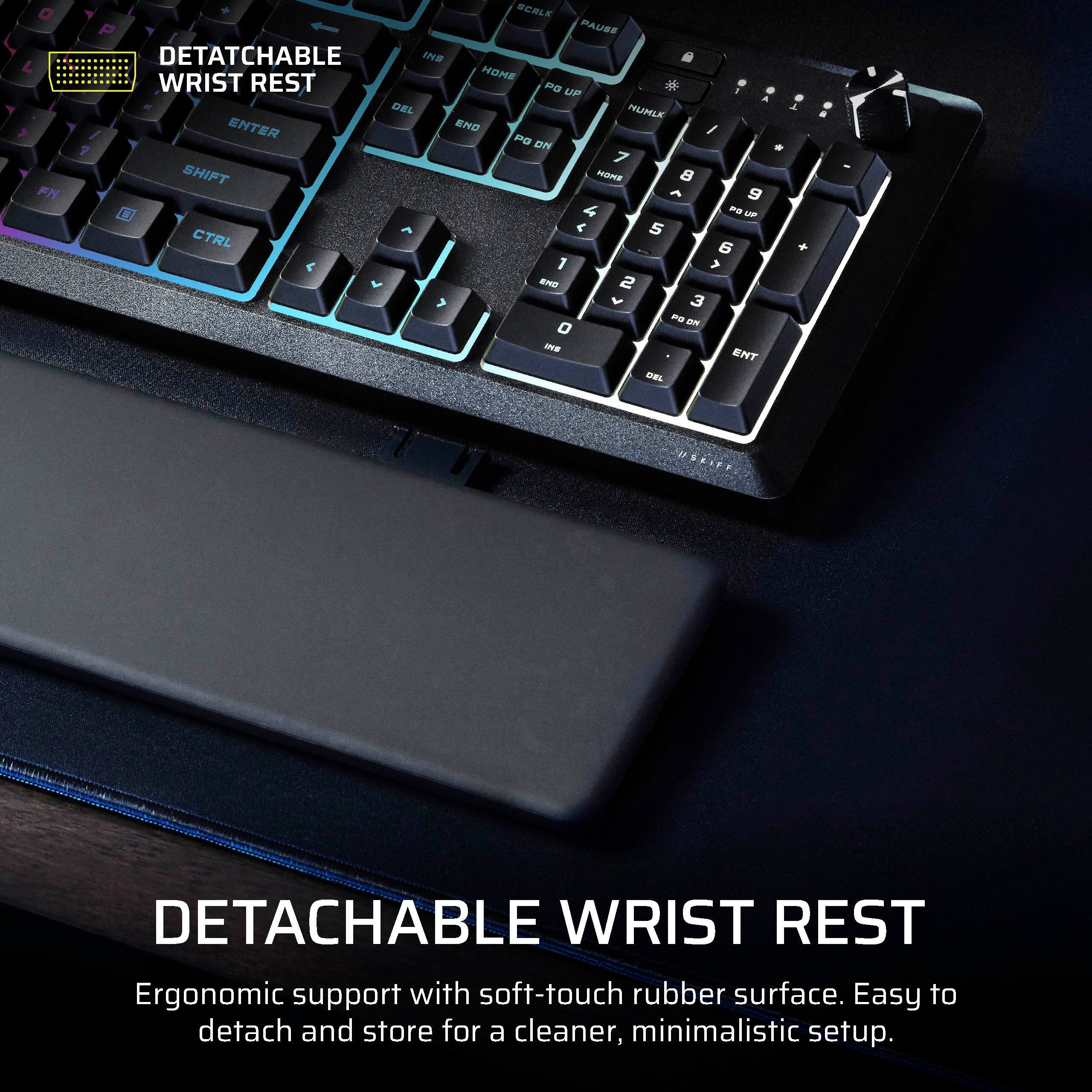 DETACHABLE WRIST REST

Ergonomic support with soft-touch rubber surface. Easy to detach and store for a cleaner, minimalistic setup.