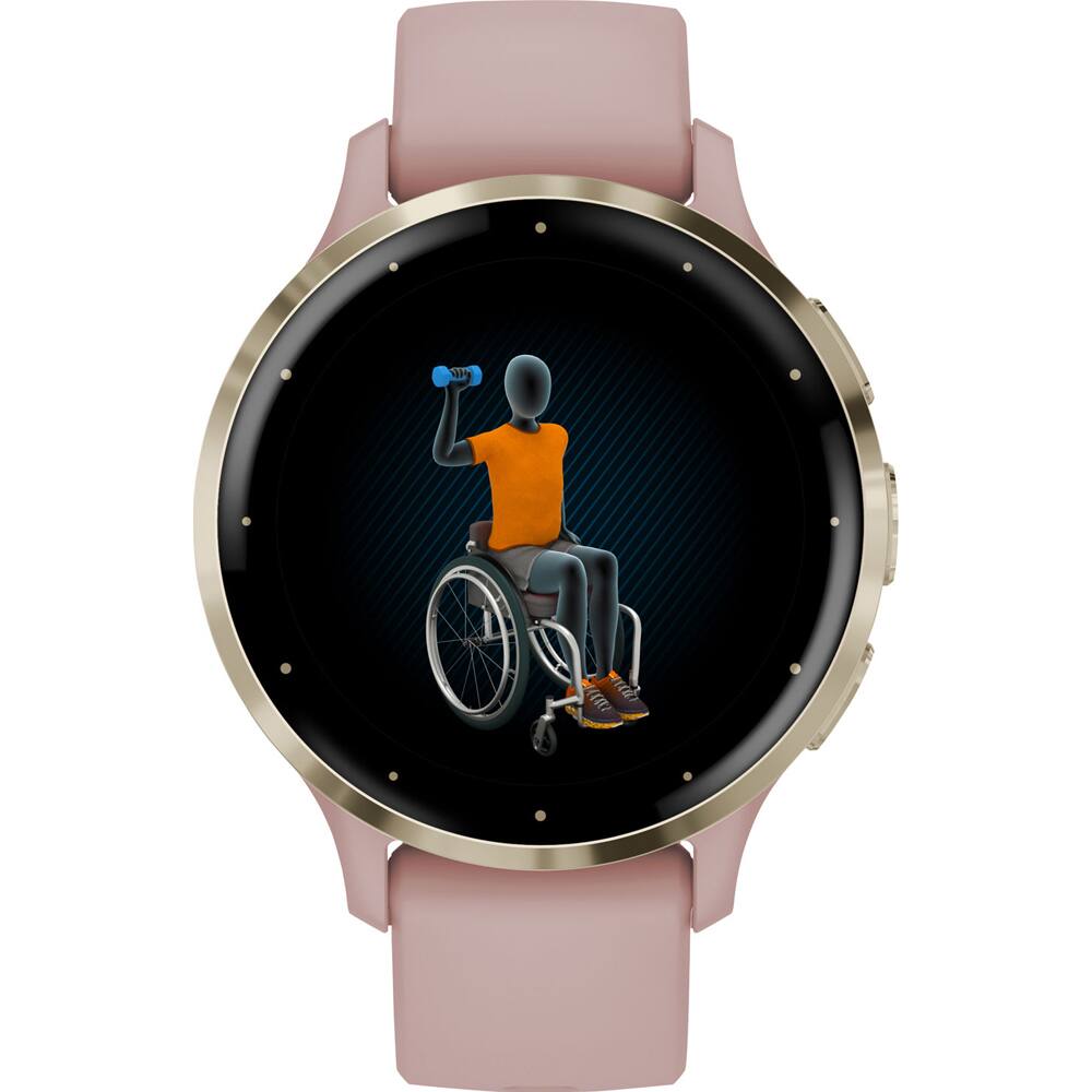 Angle. Garmin - Venu 3S Fitness GPS Smartwatch 41 mm + Charging Stand & Extra Bands Bundle - Soft Gold S/S Bezel|Dust Rose Case & Silicone Band.