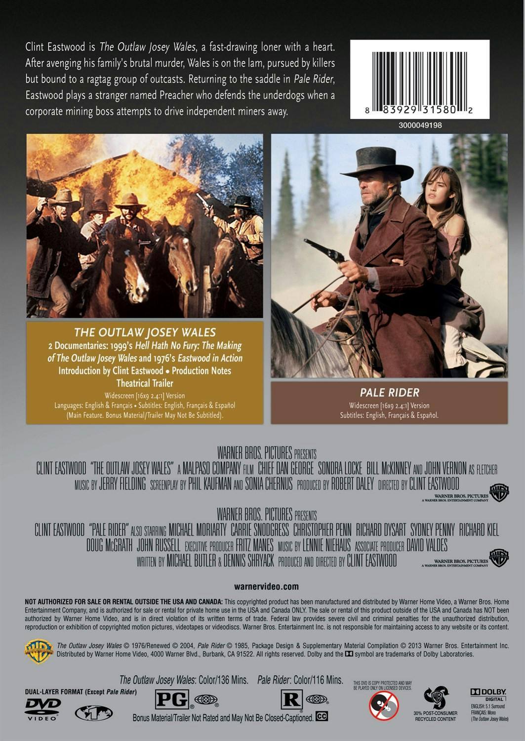 Back. Outlaw Josey Wales/Pale Rider (DVD Double Feature) [DVD].