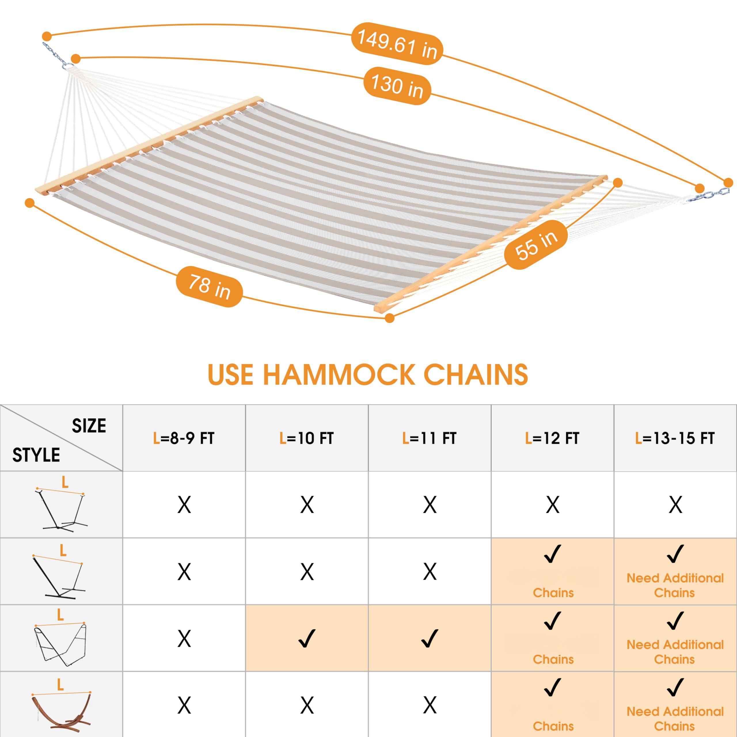149.61 in  
130 in  
78 in  
55 in  

USE HAMMOCK CHAINS  

SIZE  
L=8-9 FT  
L=10 FT  
L=11 FT  
L=12 FT  
L=13-15 FT  

STYLE  
L  
L  
L  
L  

L=8-9 FT  
L=10 FT  
L=11 FT  
L=12 FT  
L=13-15 FT  

X  
X  
X  
X  
X  

X  
X  
X  
X  
X  

X  
X  
X  
X  
X  

X  
X  
X  
X  
X  

X  
X  
X  
X  
X  

Need Additional Chains  
Need Additional Chains  
Need Additional Chains  
Need Additional Chains