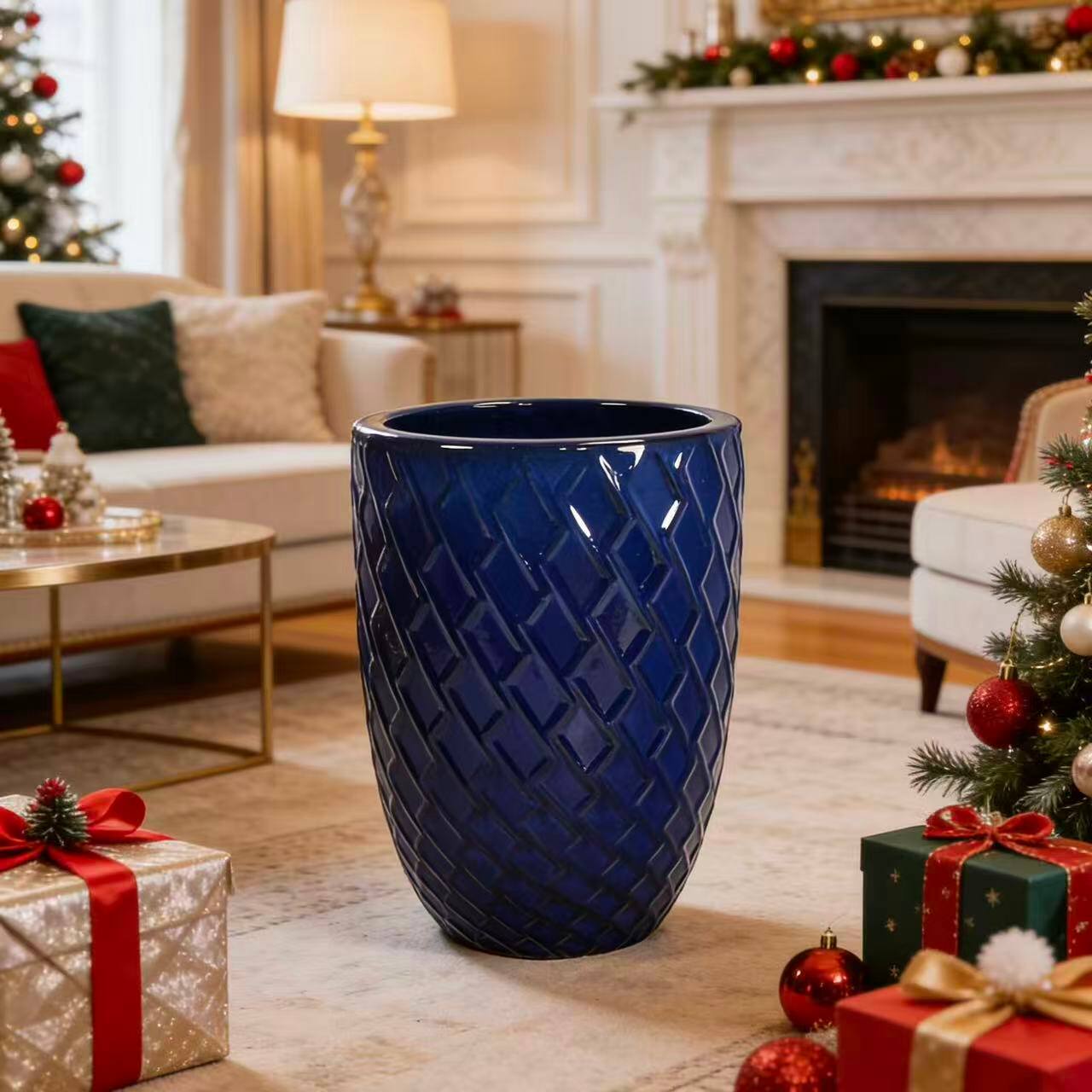 Back. Loheer - Loheer Ceramic Planter Pot, 17 Inch Navy Blue Handmade Clay Planter, Diamond Pattern Large Indoor Outdoor Planter.