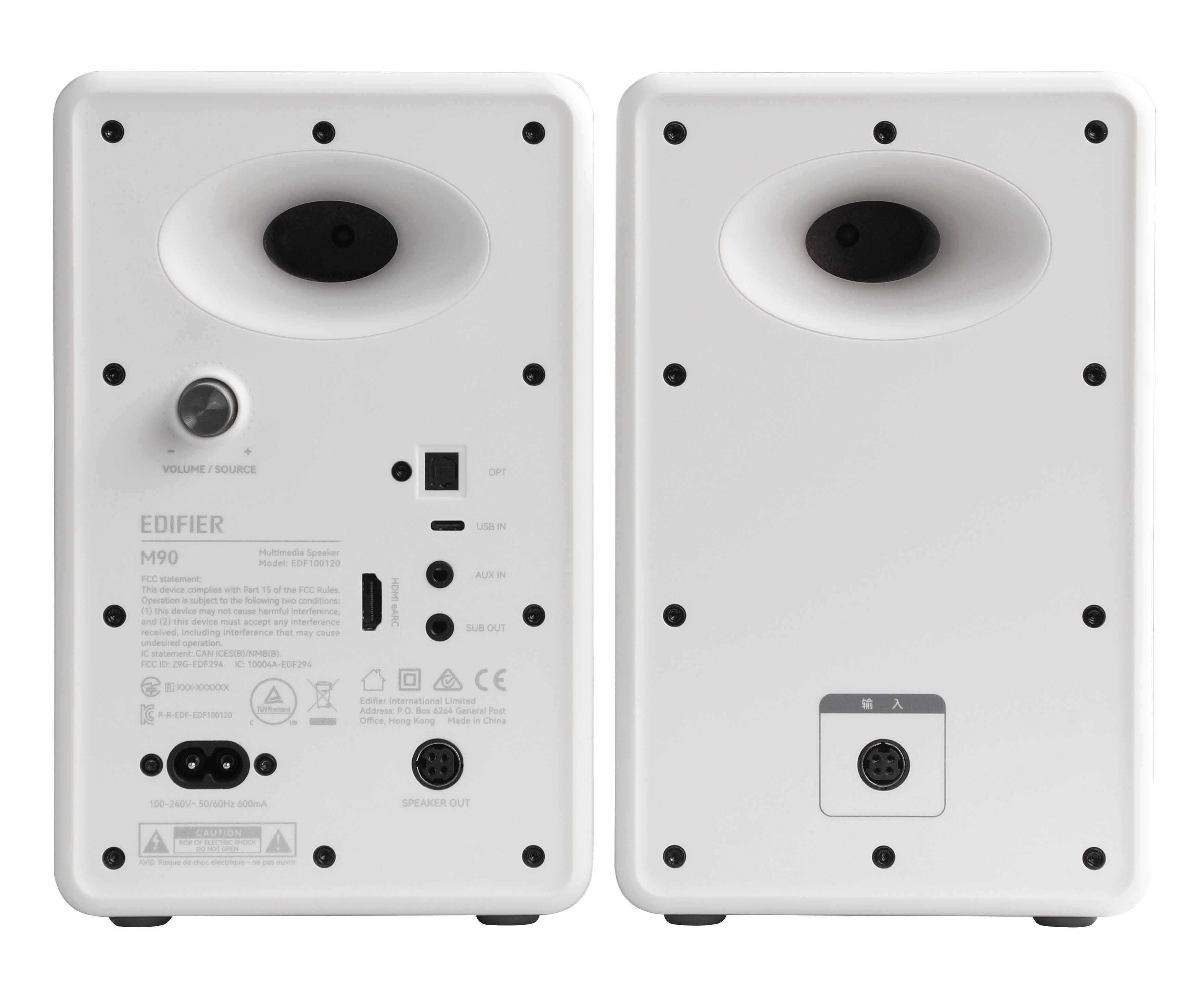 VOLUME/SOURCE  
EDIFIER  
Multimedia Speaker M90  
Model: 0F100120  

FCC statement:  
This device complies with Part 15 of the FCC Rules. Operation is subject to the following two conditions:  
(1) This device may cause harmful interference, and (2) this device must accept any interference received, including interference that may cause undesired operation.  

IC statement: CAN ICES-003(B)  
FCC ID: Z9G-EDF010294  
IC: 10004A-E0F294  

HOMI GARC UK N  
ALIX 2  
SUR OUT  
XX0X-X0XXX0XX  
Tested A00400080  

Edifier International Limited  
Address: P.O. Box 4264, General Post Office, Hong Kong  
Made in China  

100-240V~ 50/60Hz 500mA  

SPEAKER OUT  

CAUTION  
CAUTION  
CAUTION  
CAUTION  
CAUTION  
CAUTION  
CAUTION  
CAUTION  
CAUTION  
CAUTION  
