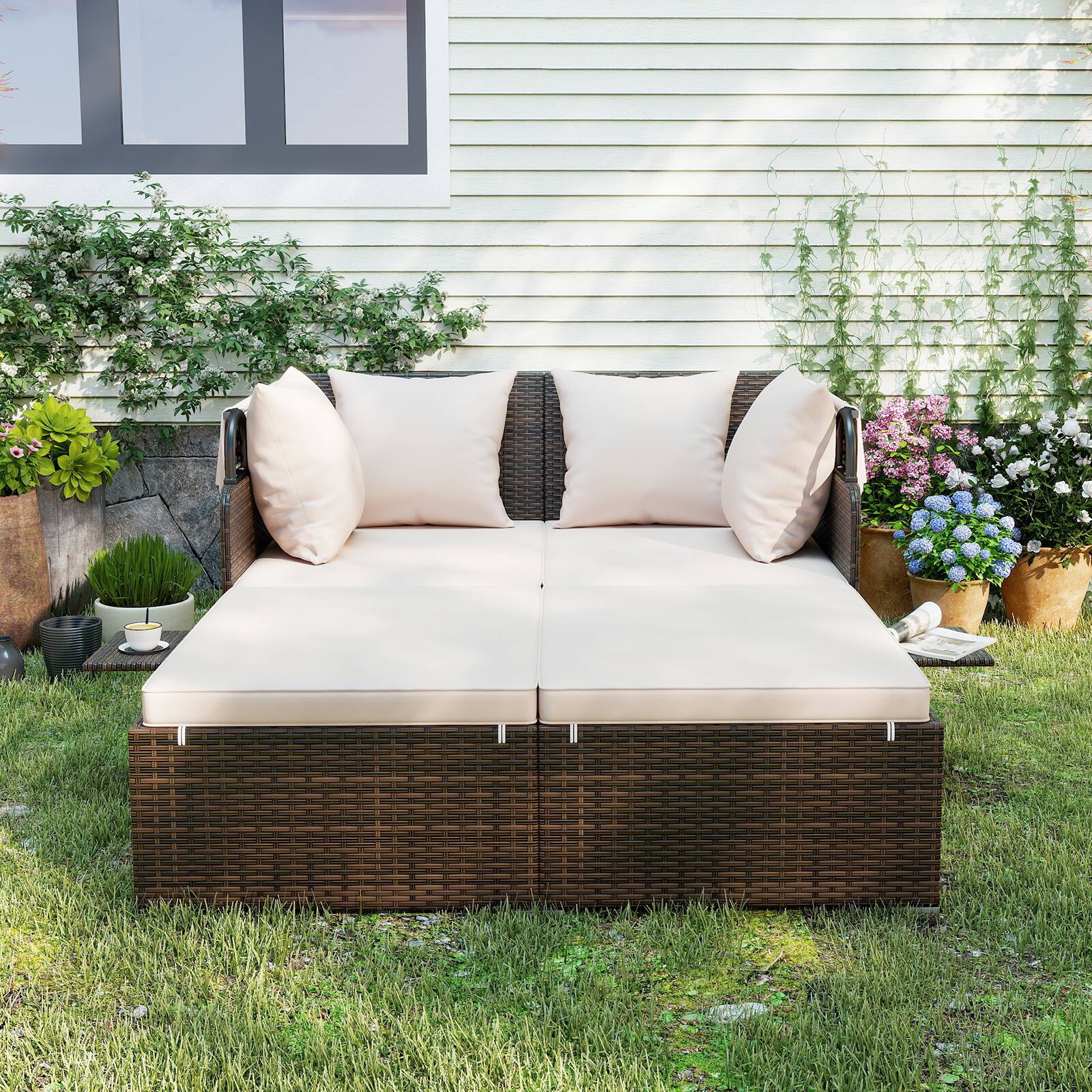 Alt View 3. Gymax - Gymax Patio Rattan Daybed Lounge Retractable Top Canopy Side Tables Cushions for Outdoor Brown - Brown.
