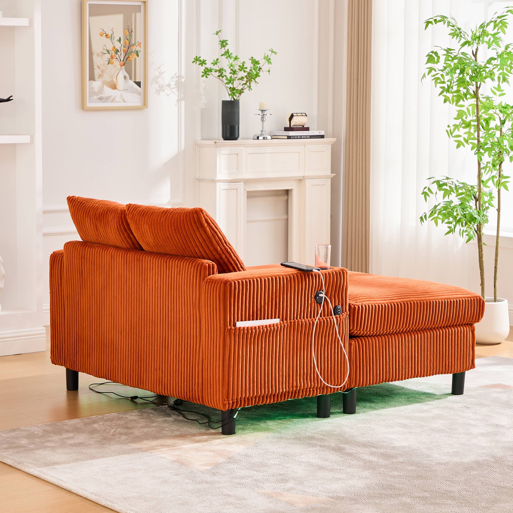 Left. Trinkets Crazed - Modern Corduroy Oversized Recliner Sofa with Deep Seat, USB Charging,RGB LED Light Strip - Orange.