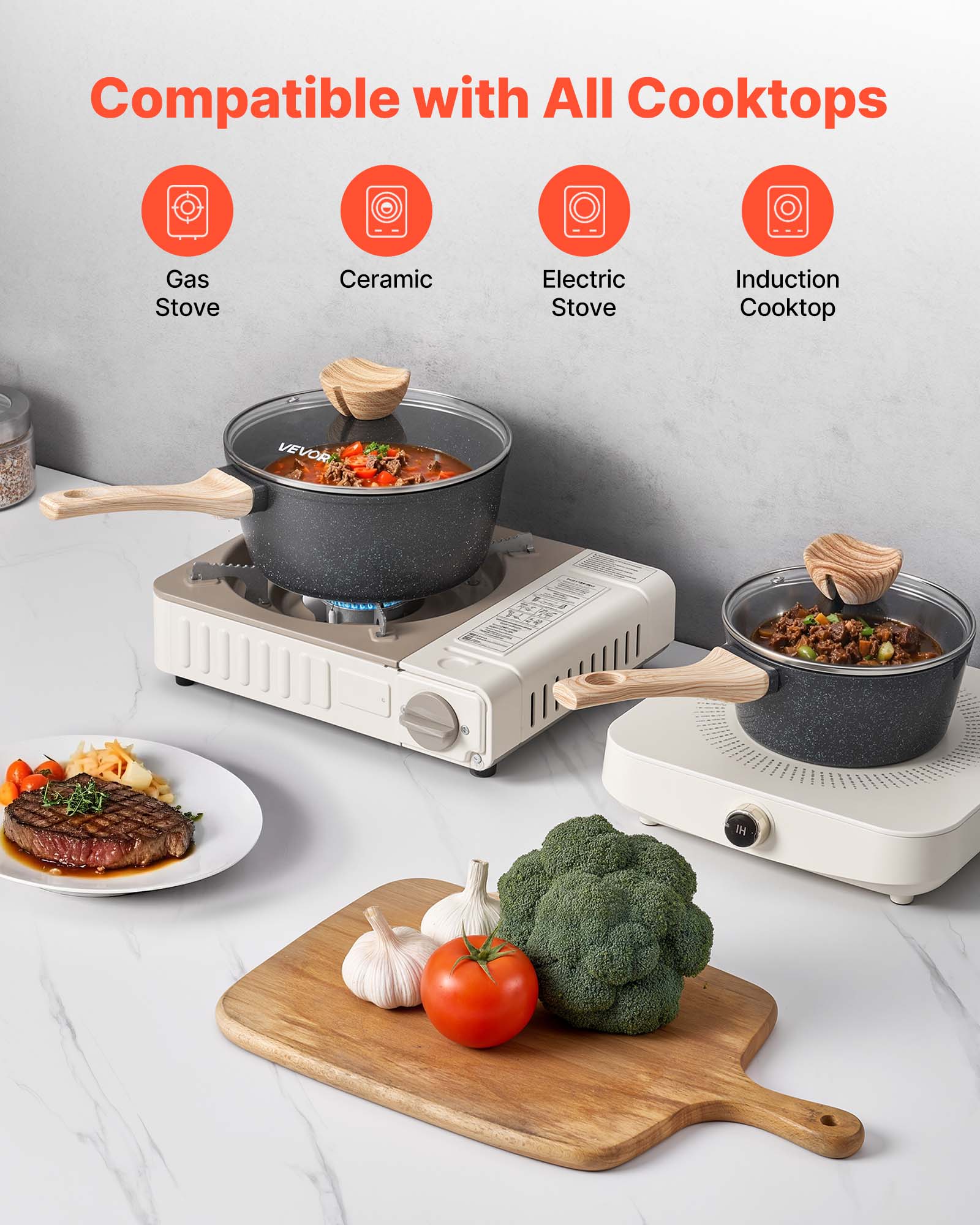 Compatible with All Cooktops

- Gas Stove
- Ceramic Stove
- Electric Stove
- Induction Cooktop
