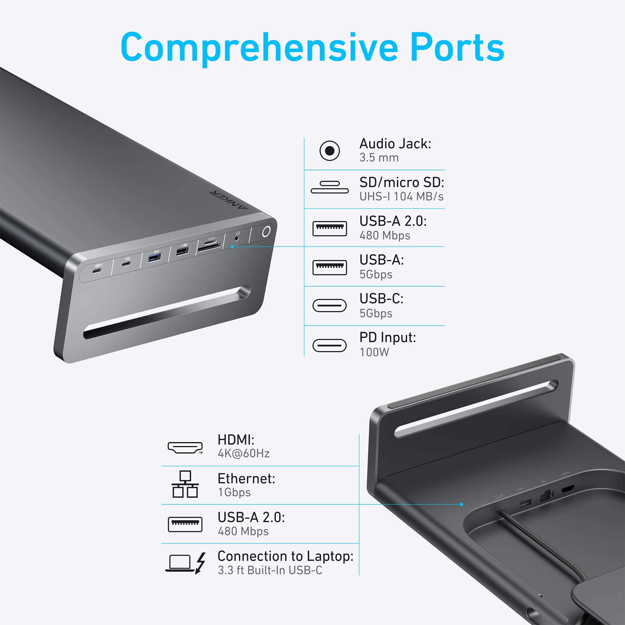 Comprehensive Ports:
1. Audio Jack: 3.5 mm
2. SD/micro SD: UHS-I 104 MB/s
3. USB-A 2.0: 480 Mbps
4. USB-A: 5Gbps
5. USB-C: 5Gbps
6. PD Input: 100W
7. HDMI: 4K@60Hz
8. Ethernet: 1Gbps
9. USB-A 2.0: 480 Mbps
10. Connection to Laptop: 3.3 ft
11. Built-In USB-C