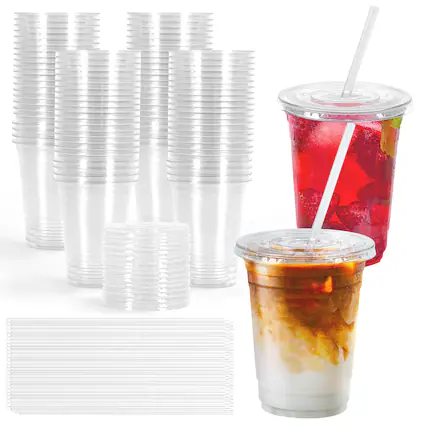 Front. Oumilen - 100 Pack 24oz Clear PET Cups with Lids & Straws – Thick Cold Drink Cups for Iced Coffee Smoothie - Clear.