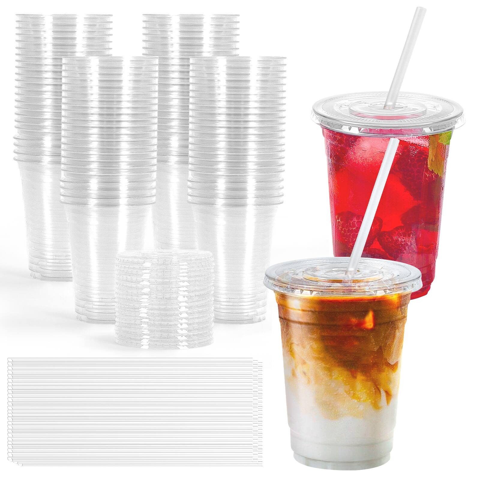 Front. Oumilen - 100 Pack 24oz Clear PET Cups with Lids & Straws – Thick Cold Drink Cups for Iced Coffee Smoothie - Clear.