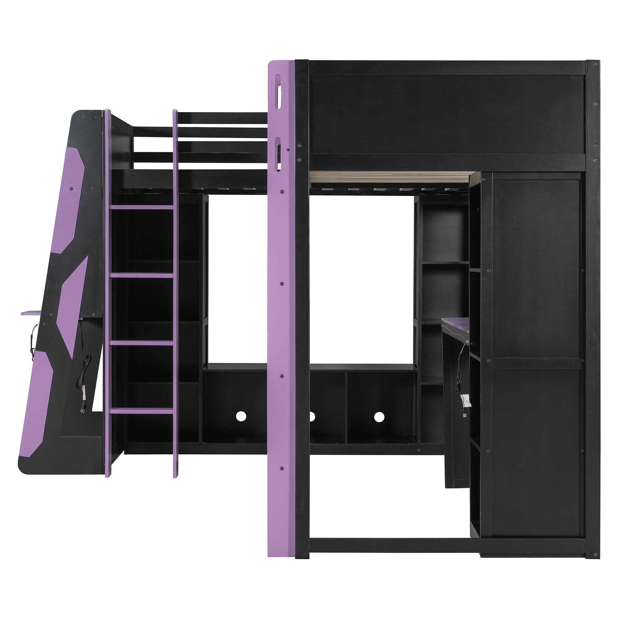 Back. Whisen - L-Shaped Twin Size Gaming Loft Bed with RGB Lights,USB Ports,TV Stand and Storage Shelves - Purple.