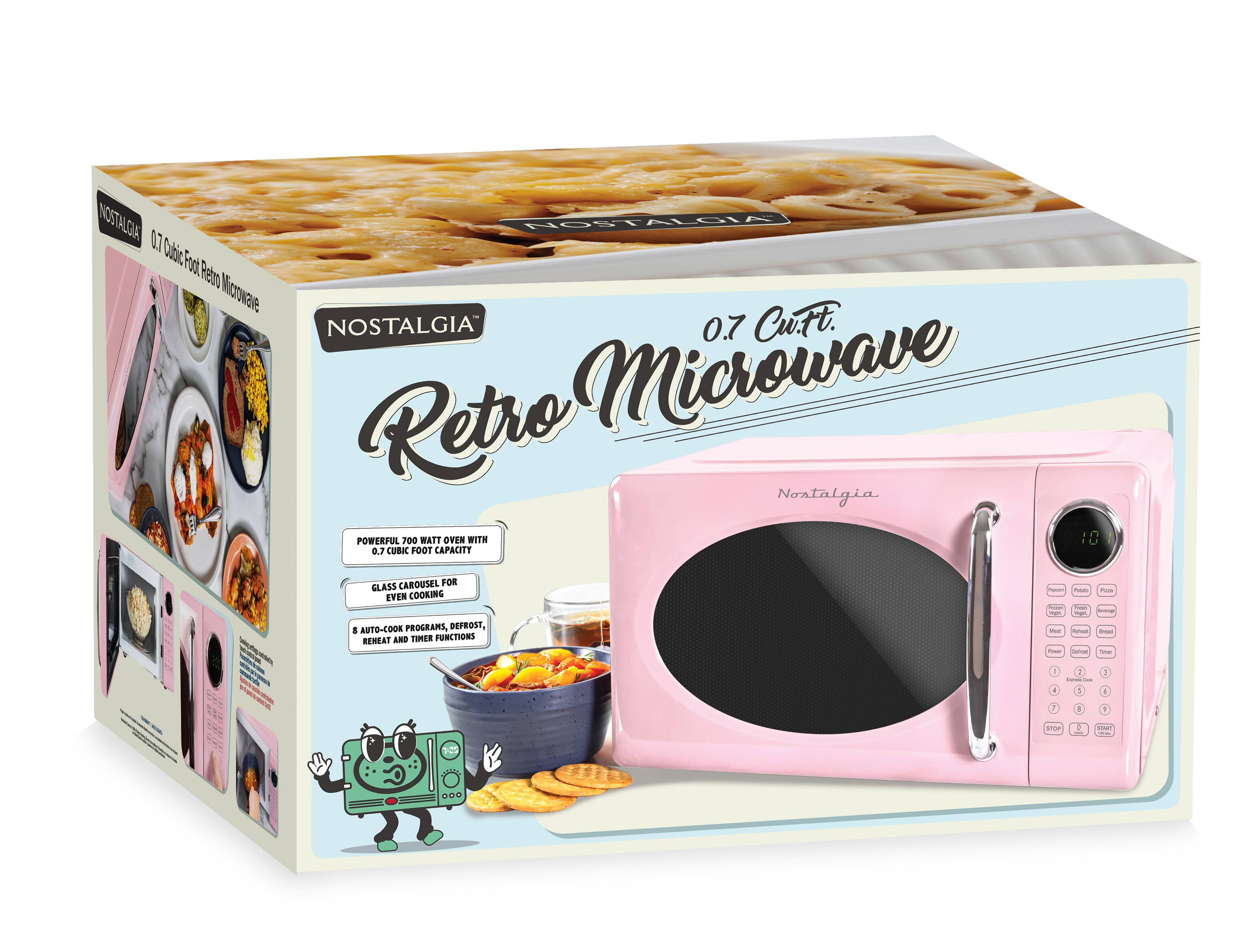 Nostalgia 0.7 Cubic Foot Retro Microwave  
Powerful 700 Watt Oven with 0.3 Cubic Foot Capacity  
Glass Carousel for Even Cooking  
8 Auto-Cook Programs, Defrost, Reheat, and Timer Functions