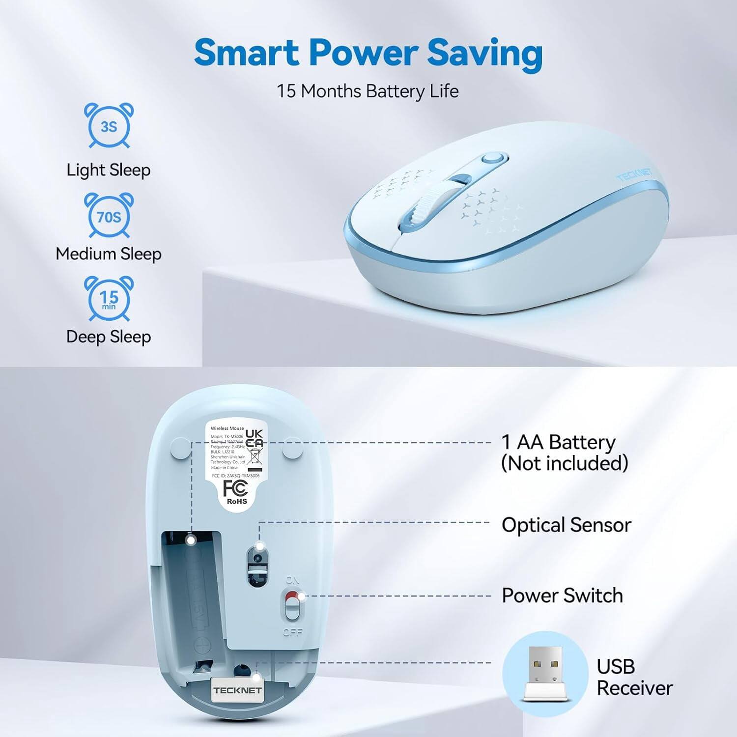 Smart Power Saving  
15 Months Battery Life

3S  
Light Sleep

70S  
Medium Sleep

15 min  
Deep Sleep

Weeless Mouse MARK * X-MV5206 UK  
EA Prequency 2400 BLUK LADO Vanyther Unichale Indrology Co.jos too China  
ACC a NASO 010M5006 FC RoHS

1 AA Battery (Not included)  
Optical Sensor  
Power Switch

TECKNET  
USB Receiver
