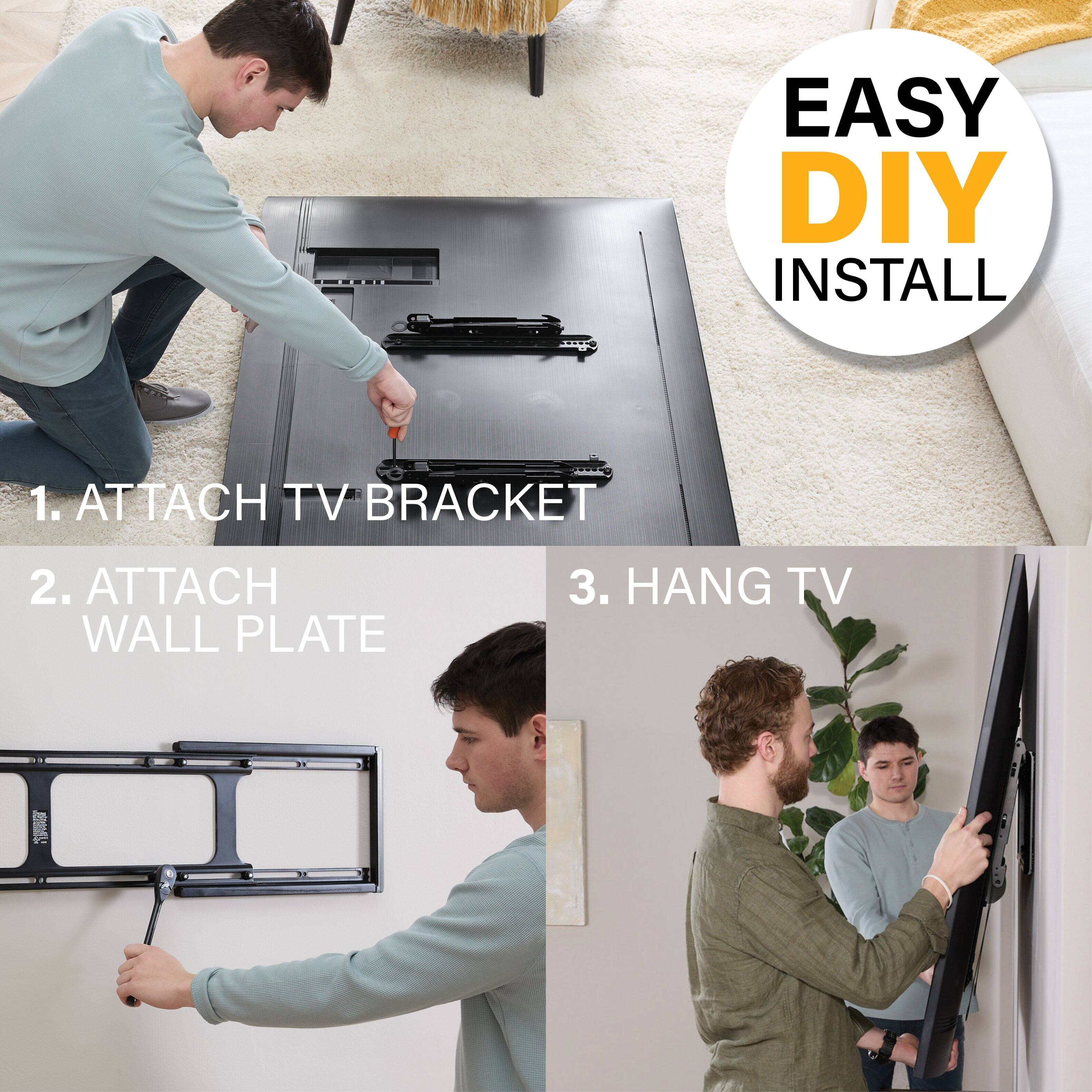 EASY DIY INSTALL

1. ATTACH TV BRACKET

2. ATTACH WALL PLATE

3. HANG TV