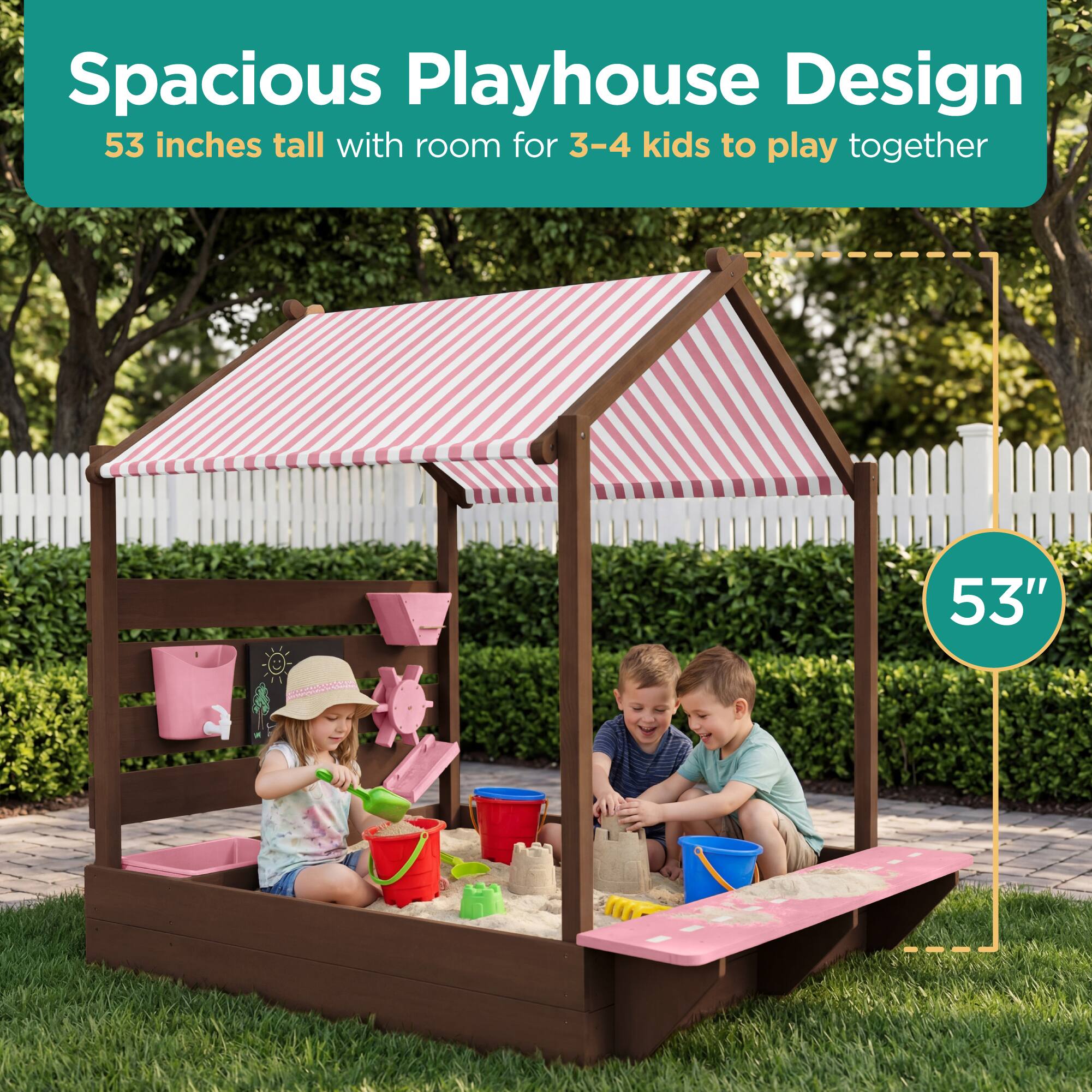 Spacious Playhouse Design  
53 inches tall with room for 3-4 kids to play together  
53"