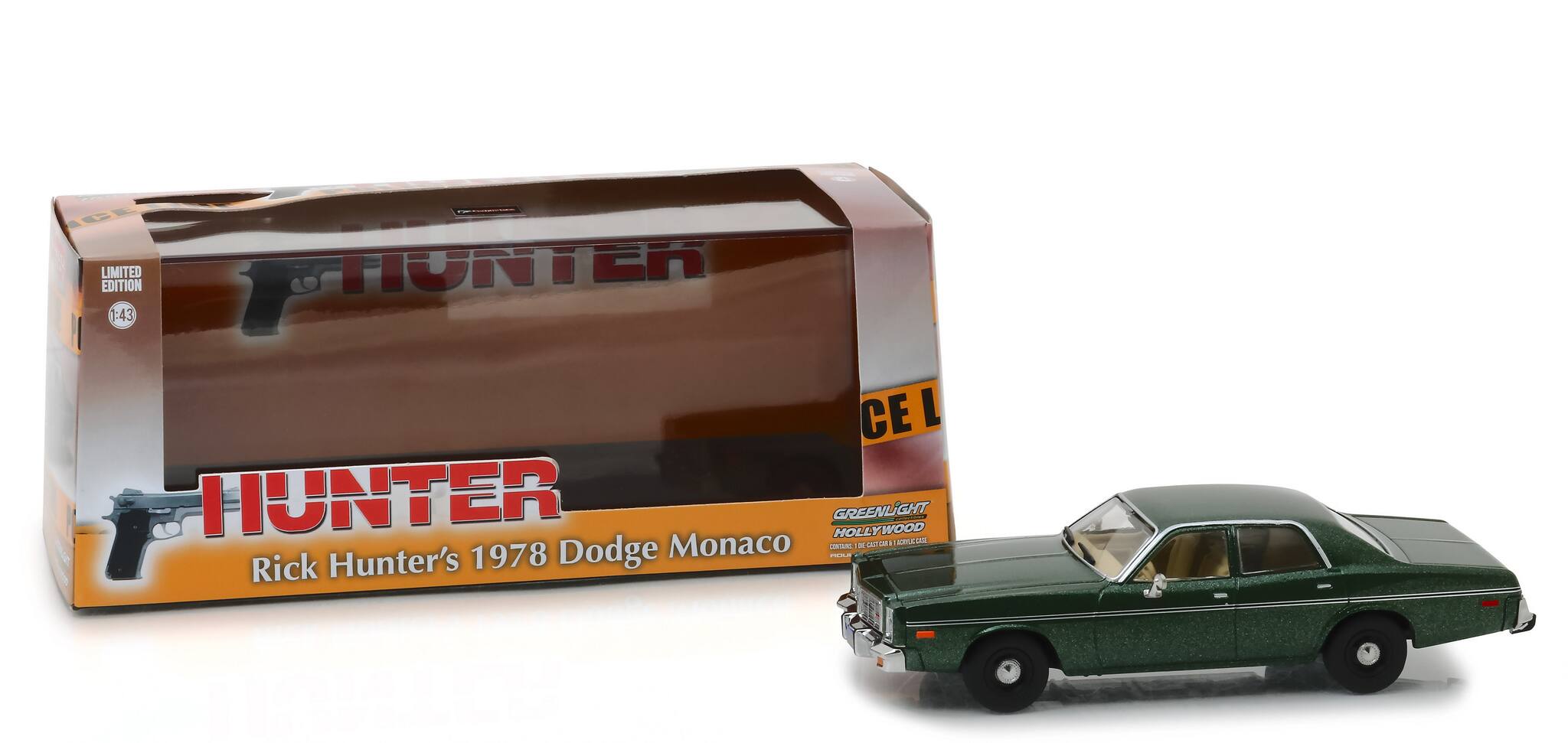 LIMITED EDITION 1:43  
HUNTER  
Rick Hunter's 1978 Dodge Monaco  
GREENLIGHT HOLLYWOOD  
CEI