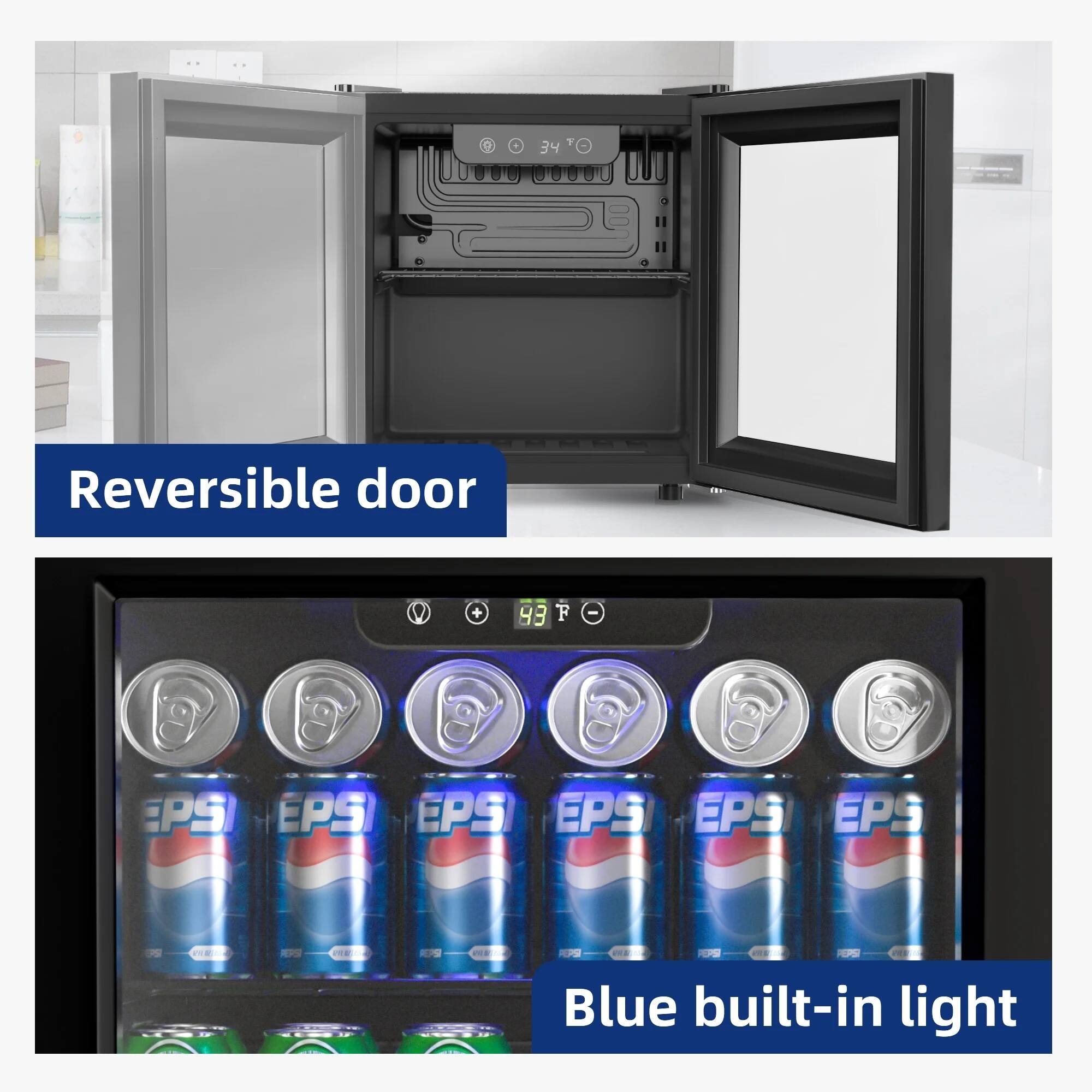 Reversible door

Blue built-in light