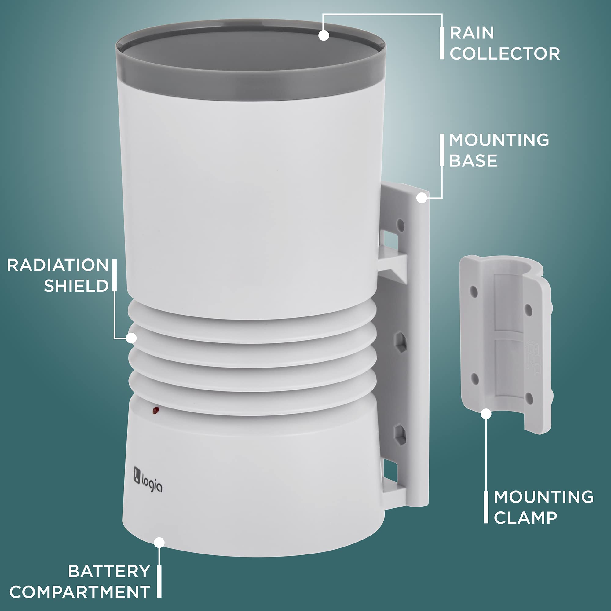 logia, RAIN COLLECTOR, MOUNTING BASE, RADIATION SHIELD, MOUNTING CLAMP, BATTERY COMPARTMENT