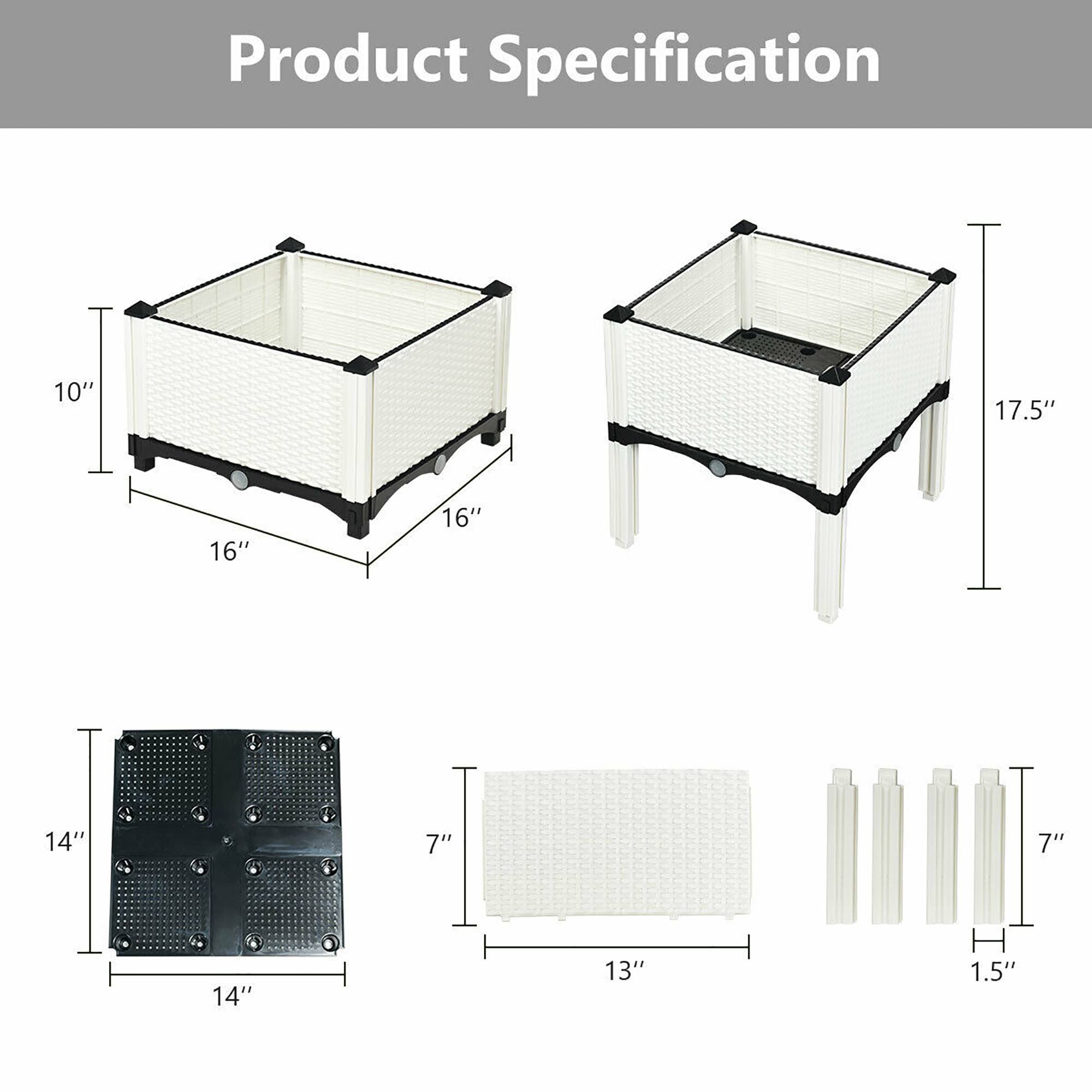 Product Specification:

1. 10" x 17.5" x 16"
2. 16" x 16" x 14"
3. 7" x 7" x 14"
4. 7" x 7" x 14"
5. 14" x 13" x H 1.5"