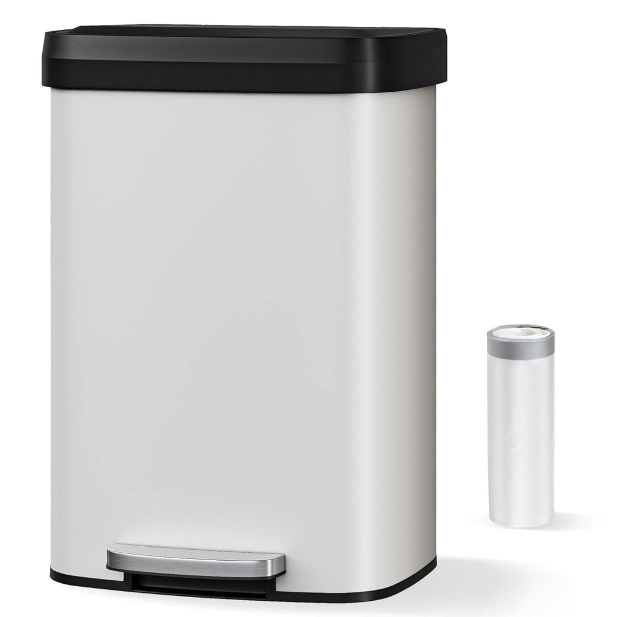 Front. Homhougo - 50L Step-on Trash Can for Kitchen, with Liner Rim and Soft Close Plastic Lid, Practical Waste Bin, White Color - White.