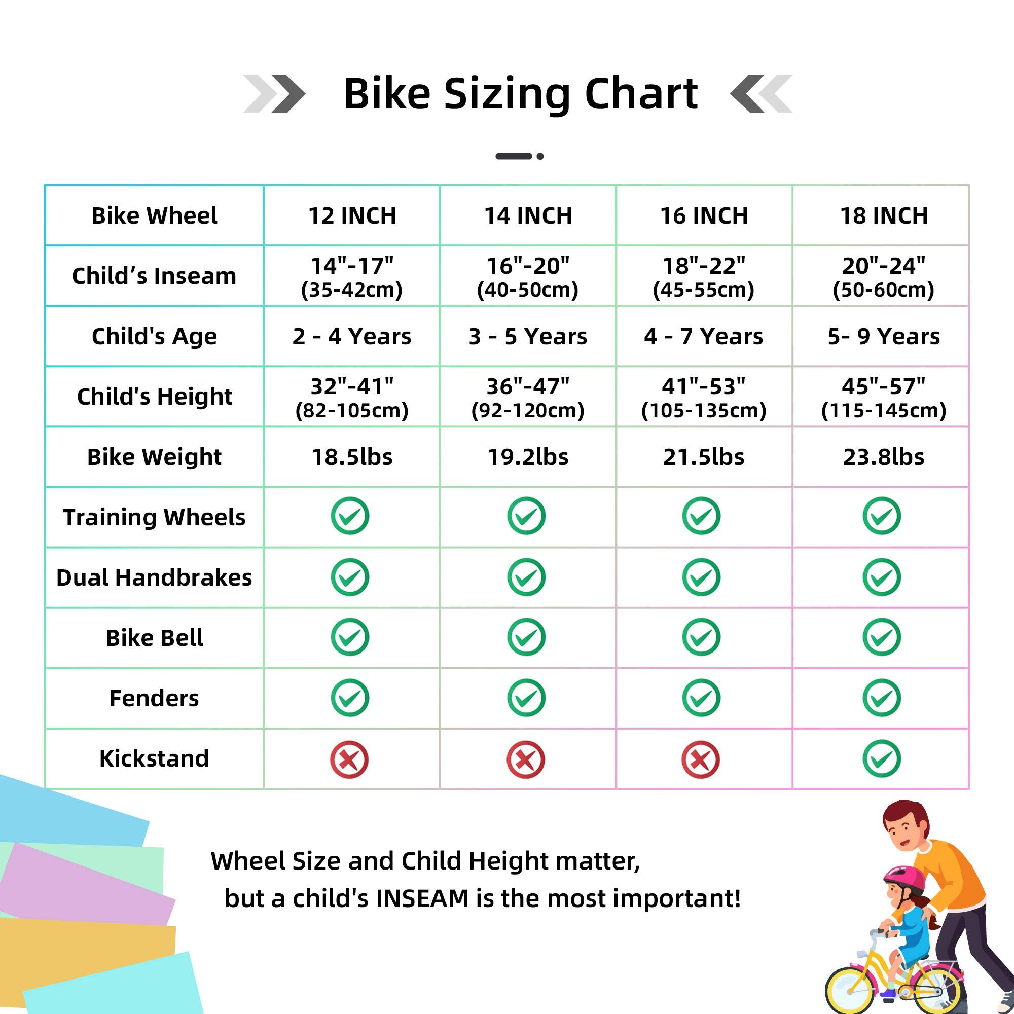 Bike Sizing Chart

Bike Wheel | 12 INCH | 14 INCH | 16 INCH | 18 INCH
--- | --- | --- | --- | ---
Child's Inseam | 14"-17" (35-42cm) | 16"-20" (40-50cm) | 18"-22" (45-55cm) | 20"-24" (50-60cm)
Child's Age | 2 - 4 Years | 3 - 5 Years | 4 - 7 Years | 5 - 9 Years
Child's Height | 32"-41" (82-105cm) | 36"-47" (92-120cm) | 41"-53" (105-135cm) | 45"-57" (115-145cm)
Bike Weight | 18.5lbs | 19.2lbs | 21.5lbs | 23.8lbs

Training Wheels | ✓ | ✓ |