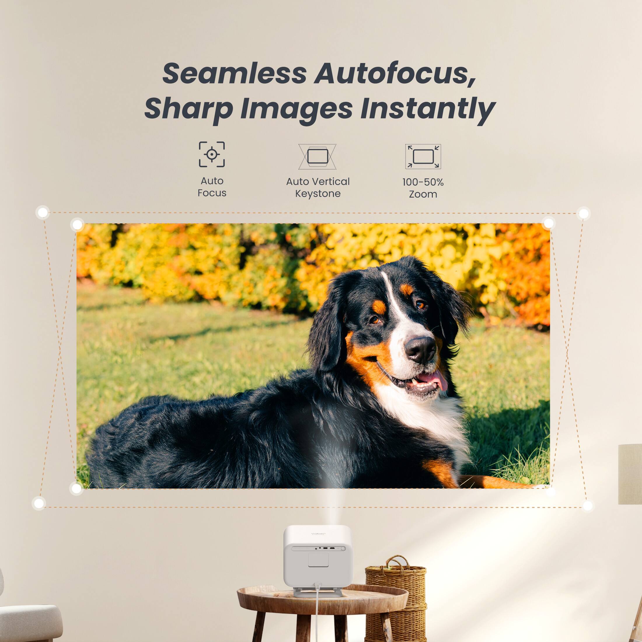 Seamless Autofocus, Sharp Images Instantly

- Auto Focus
- Auto Vertical Keystone
- 100-50% Zoom