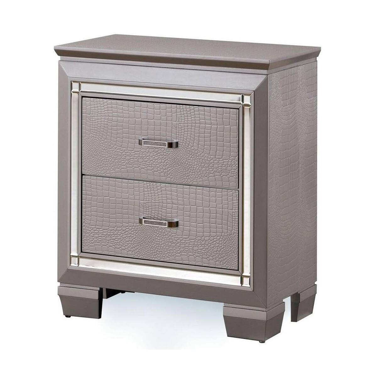 Back. Loheer - Loheer Silver Two Drawer Nightstand with Built In LED Light and Mirror Inserts - Silver.