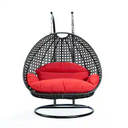 LeisureMod - Outdoor 2-Person Charcoal Wicker Egg Swing Chair with Steel Stand, Washable Cushions & Waterproof Cover - Red
