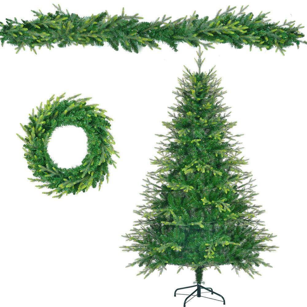 Alt View 2. Resenkos - 6ft Pre-Lit Aspen Fir Christmas Tree Bundle with Wreath and Garland, 380 Multi-Color LED Lights, Green - Green.
