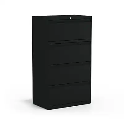Front. Staples - 30" Wide Lateral File Cabinet, 4-Drawer, Assembled, Black, Letter/Legal (20070D) - Black.