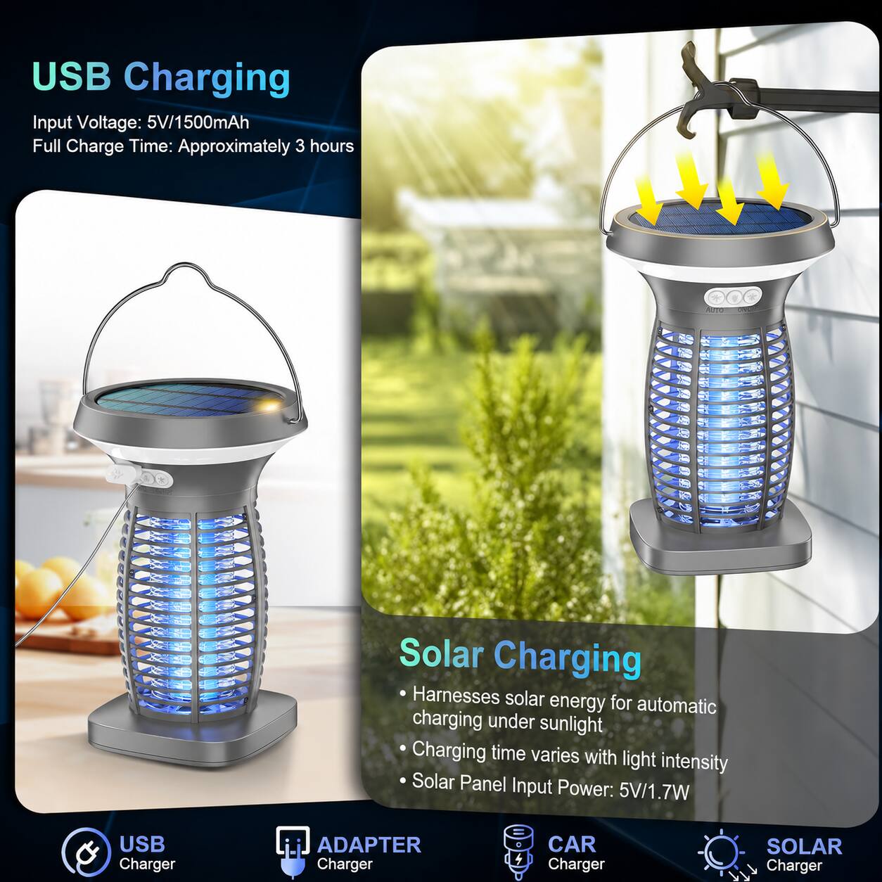 USB Charging  
Input Voltage: 5V/1500mAh  
Full Charge Time: Approximately 3 hours  

Solar Charging  
Harnesses solar energy for automatic charging under sunlight  
Charging time varies with light intensity  
Solar Panel Input Power: 5V/1.7W  

USB Charger  
ADAPTER Charger  
CAR Charger  
SOLAR Charger