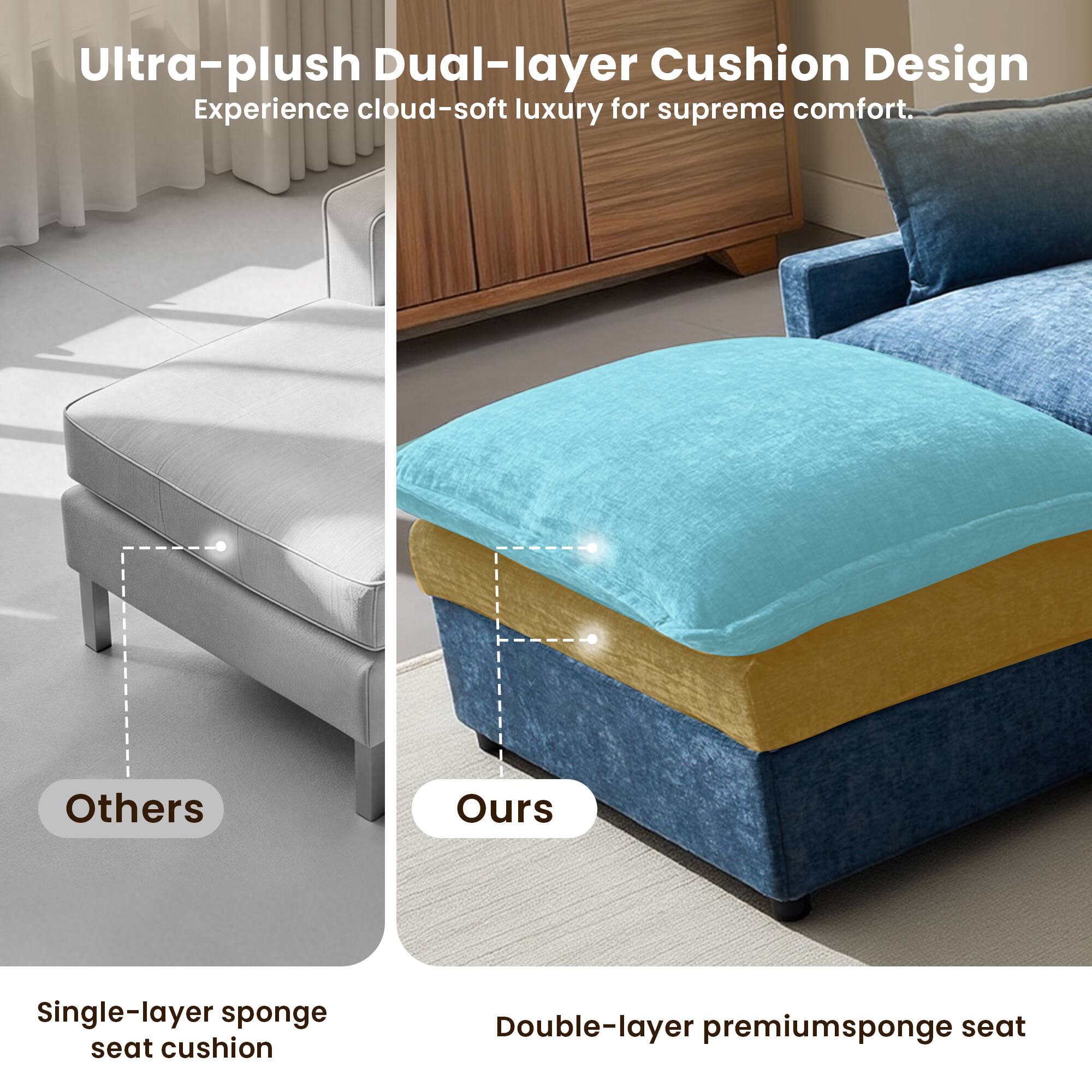 Ultra-plush Dual-layer Cushion Design  
Experience cloud-soft luxury for supreme comfort.

Others  
Single-layer sponge seat cushion

Ours  
Double-layer premium sponge seat