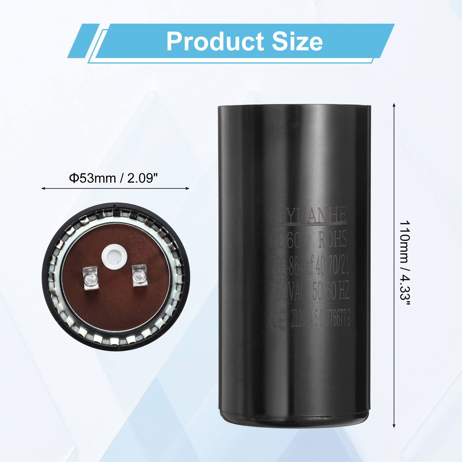 Product Size  
53mm / 2.09"  
110mm / 4.33"  

Y ANHE 0060  
ROHS 0-80 i 40 702  
OVA 5060 HI Z 45 60 66T7