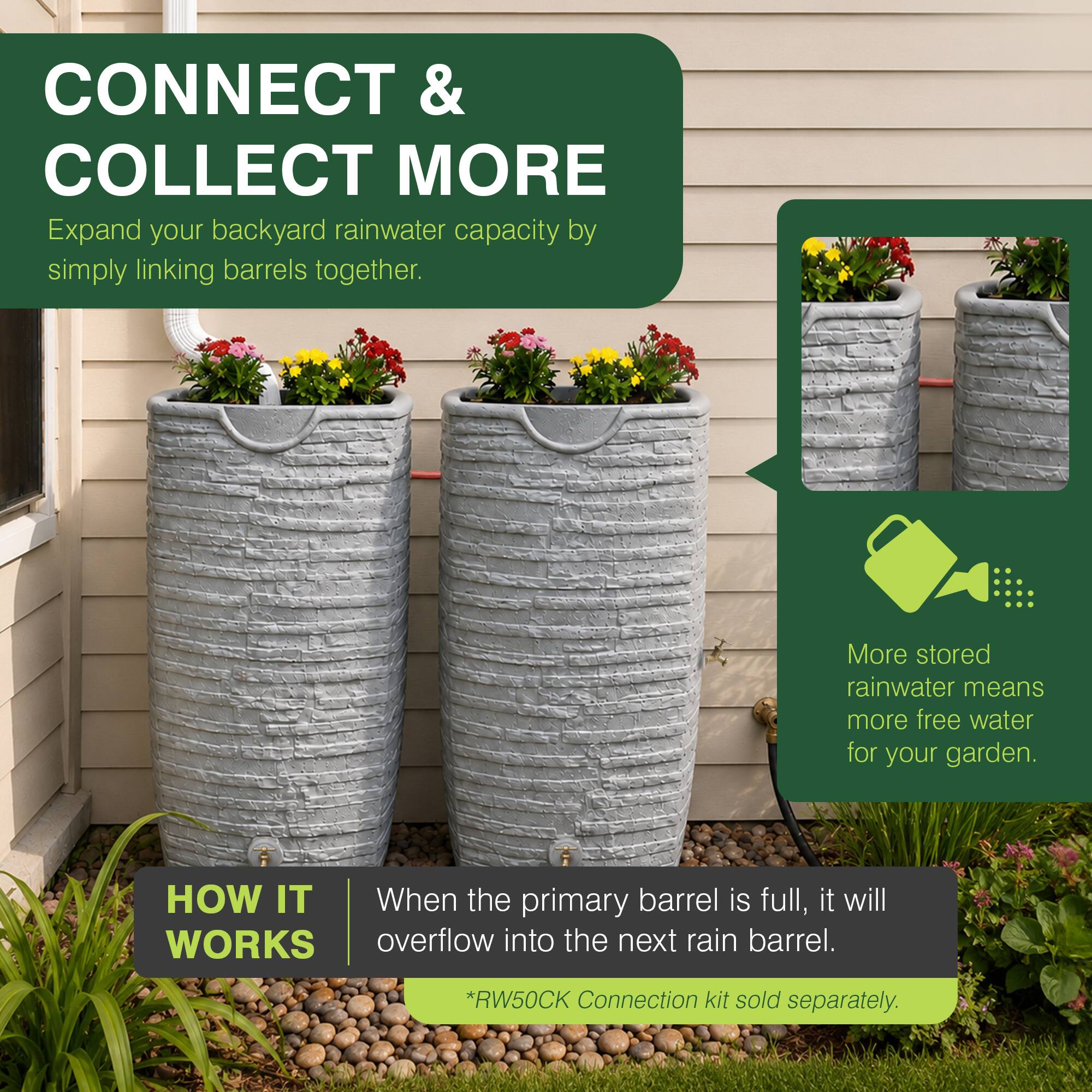 CONNECT & COLLECT MORE  
Expand your backyard rainwater capacity by simply linking barrels together.  

HOW IT WORKS  
When the primary barrel is full, it will overflow into the next rain barrel.  

*RW50CK Connection kit sold separately.  

More stored rainwater means more free water for your garden.