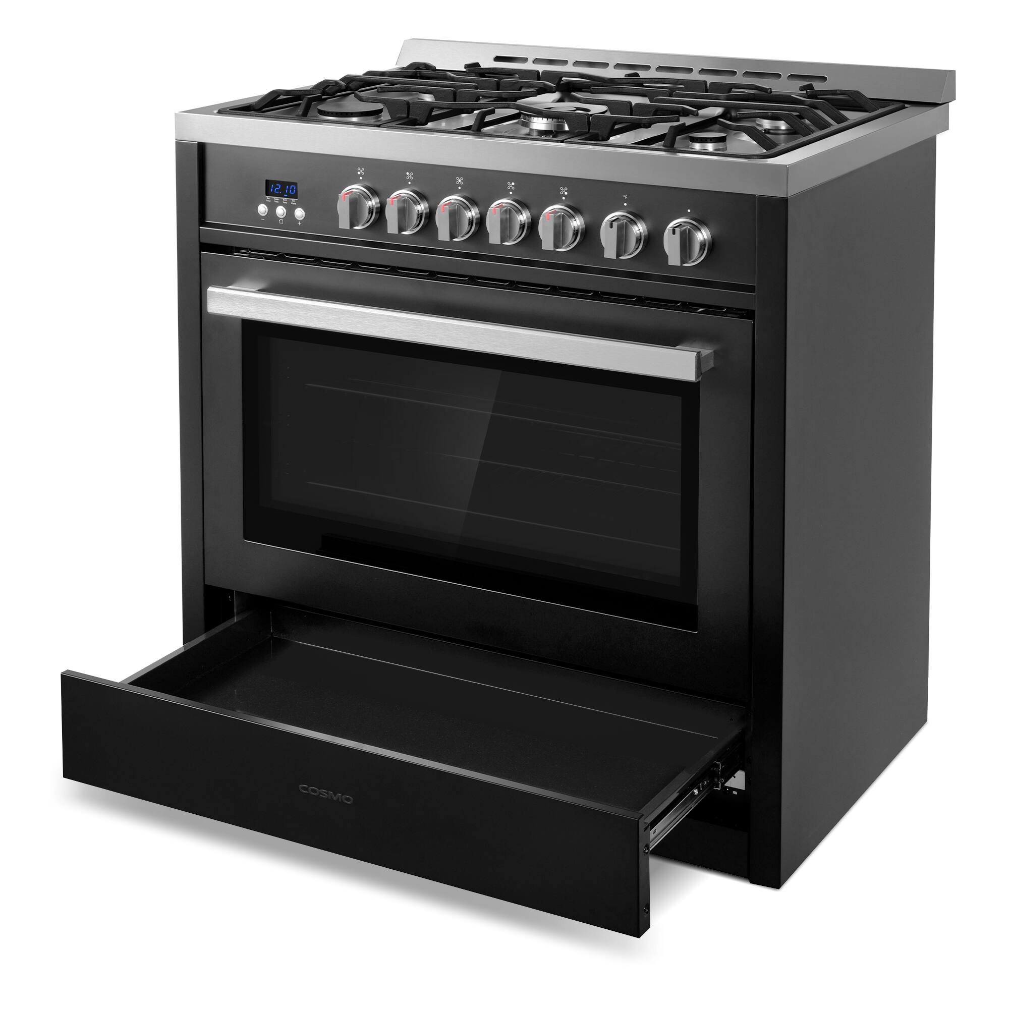 Alt View 1. COSMO - COS-965AGC-BKS 36 in. Nebula Collection 3.8 cu. ft. Gas Range, 5 Burners, Rapid Convection Oven, Cast Iron Grates - Matte Black.