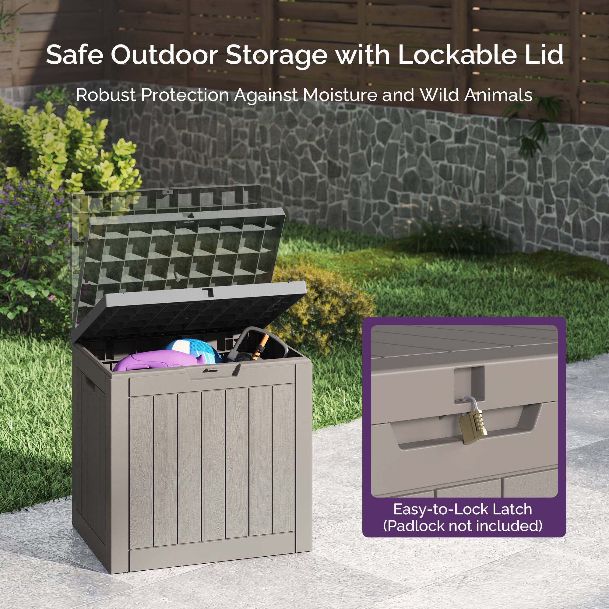 Safe Outdoor Storage with Lockable Lid  
Robust Protection Against Moisture and Wild Animals  

Easy-to-Lock Latch (Padlock not included)
