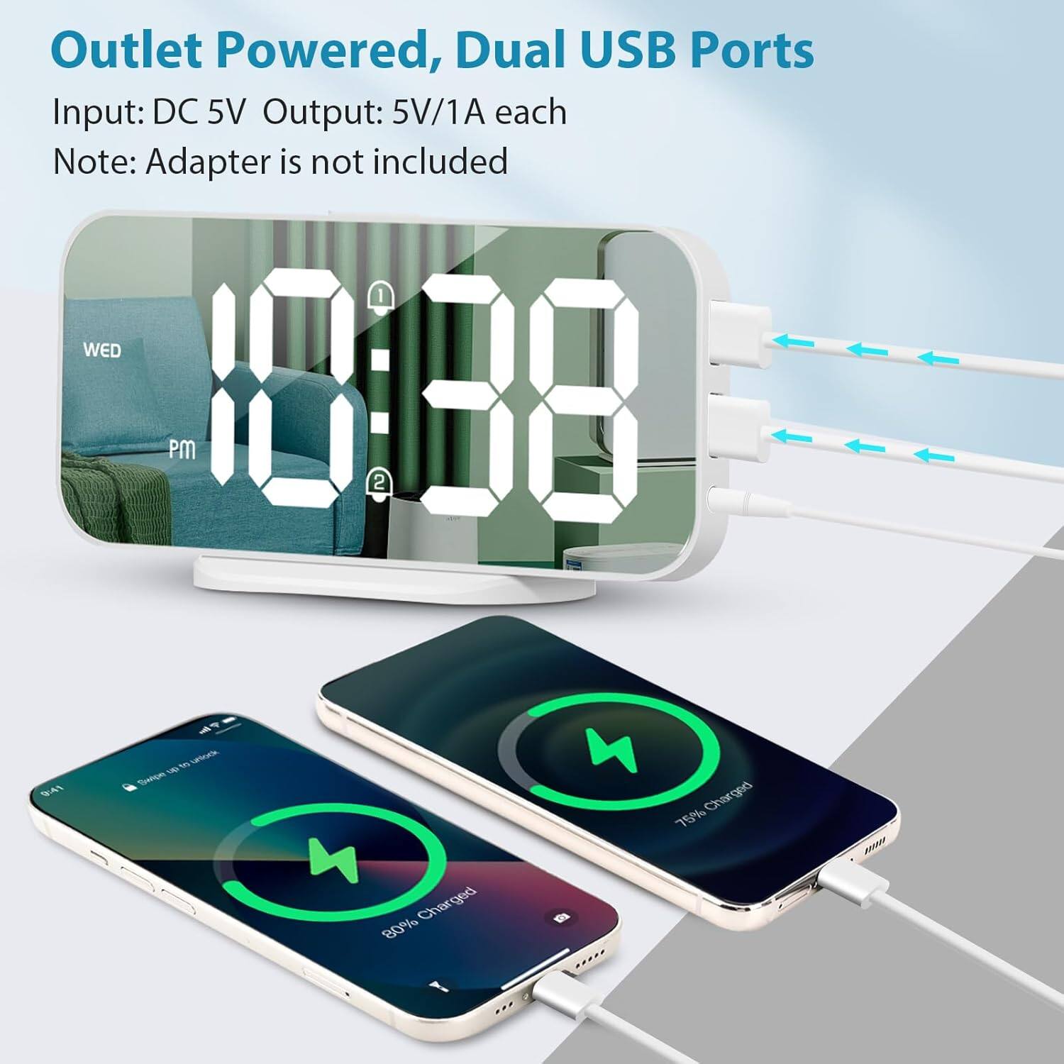 Outlet Powered, Dual USB Ports  
Input: DC 5V  
Output: 5V/1A each  
Note: Adapter is not included  

80% Charged  
75% Charged