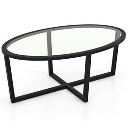 Pefilos - Glass Coffee Table Oval Living Room Table with Cross Base and Acacia Solid Wood Legs- Tea Table - Black