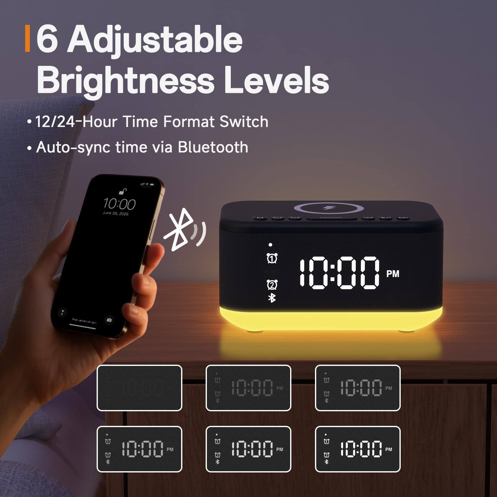 6 Adjustable Brightness Levels

- 12/24-Hour Time Format Switch
- Auto-sync time via Bluetooth