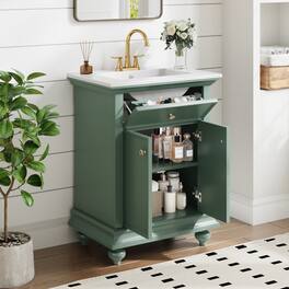 Whisen - 24" Modern Bathroom Vanity Cabinet with Sink Tip-Out Soft-Close Hinges Back Open Ball-Turned Legs - Green